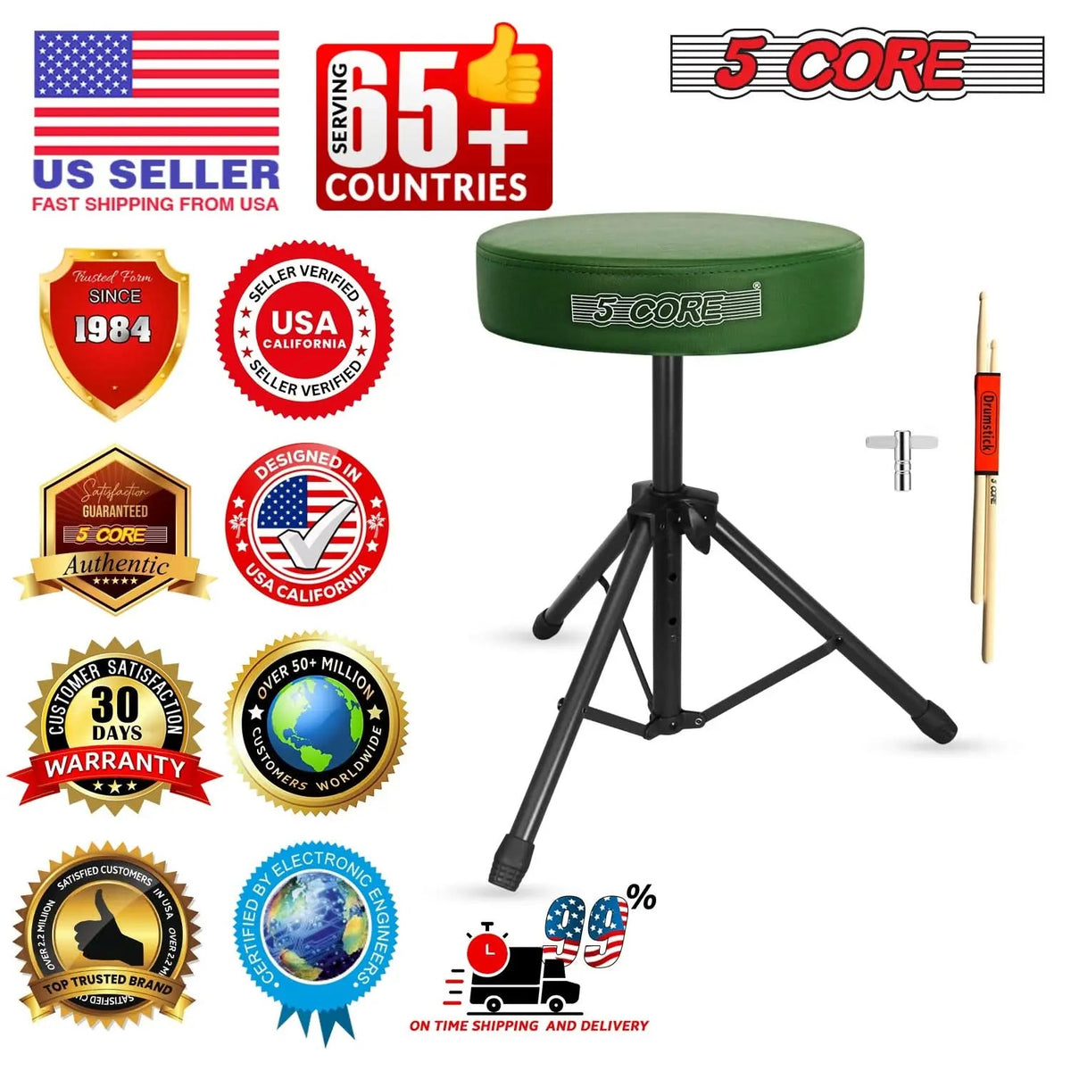 5 Core Drum Throne 3" Padded Seat Adjustable Drumming Chair for Practice and Performance - HONORABLE VETERANS SOLUTIONS