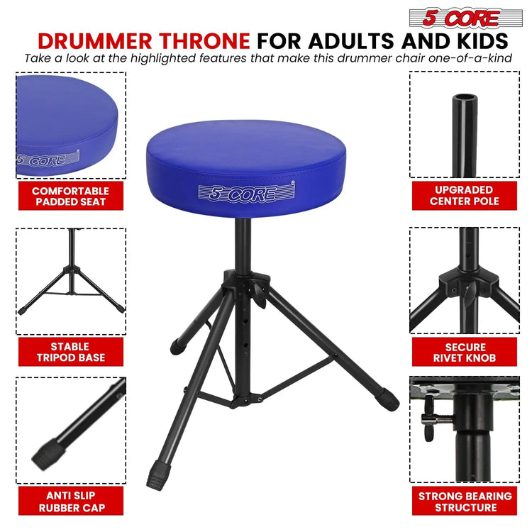 5 Core Drum Throne 3" Padded Seat Adjustable Drumming Chair for Practice and Performance - HONORABLE VETERANS SOLUTIONS