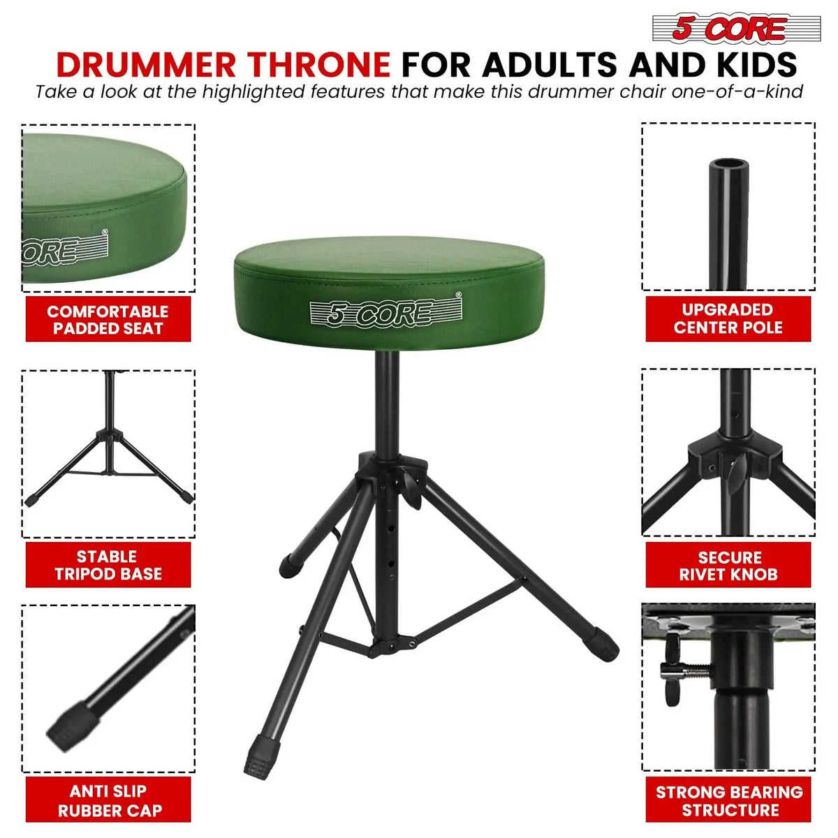 5 Core Drum Throne 3" Padded Seat Adjustable Drumming Chair for Practice and Performance - HONORABLE VETERANS SOLUTIONS