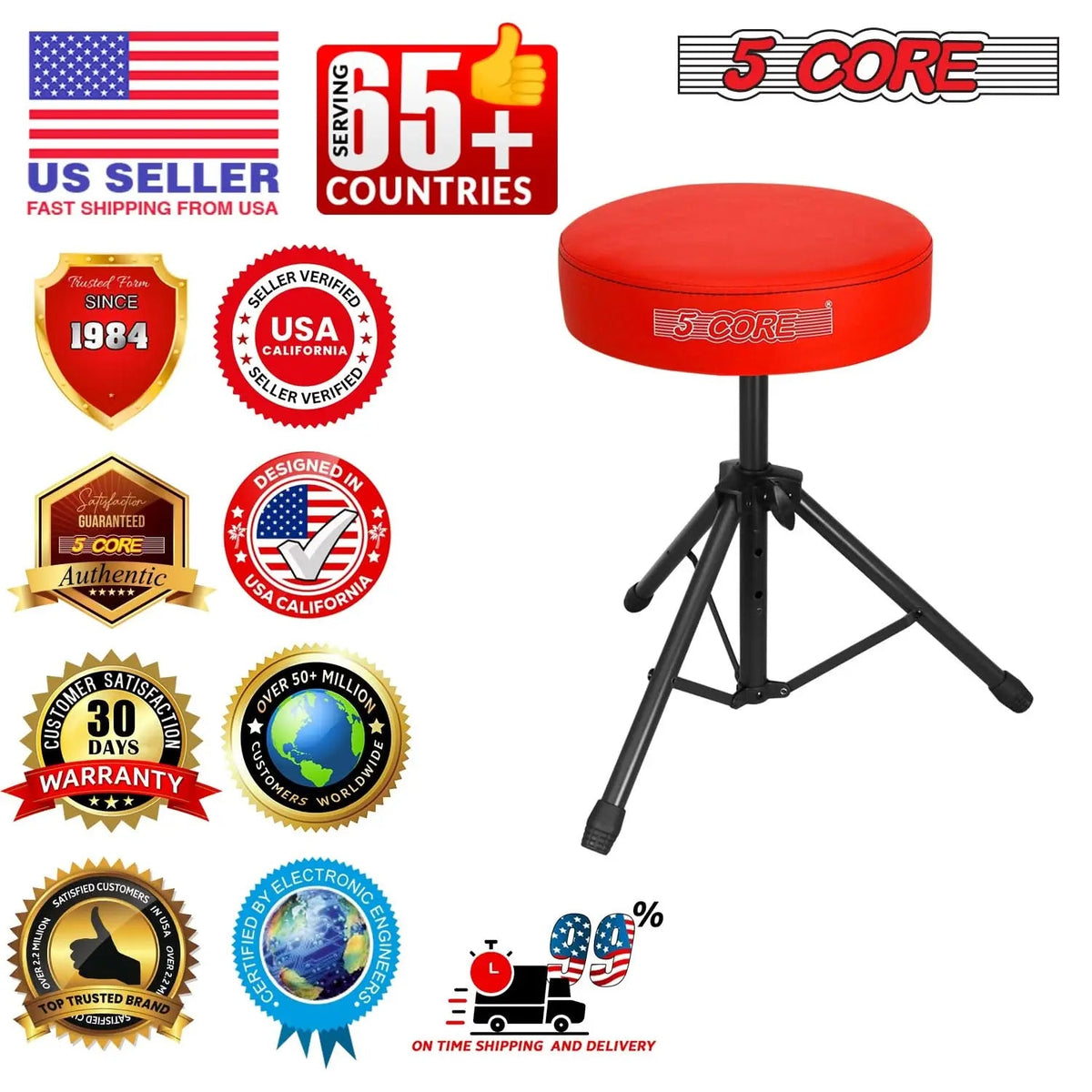 5 Core Drum Throne 3" Padded Seat Adjustable Drumming Chair for Practice and Performance - HONORABLE VETERANS SOLUTIONS