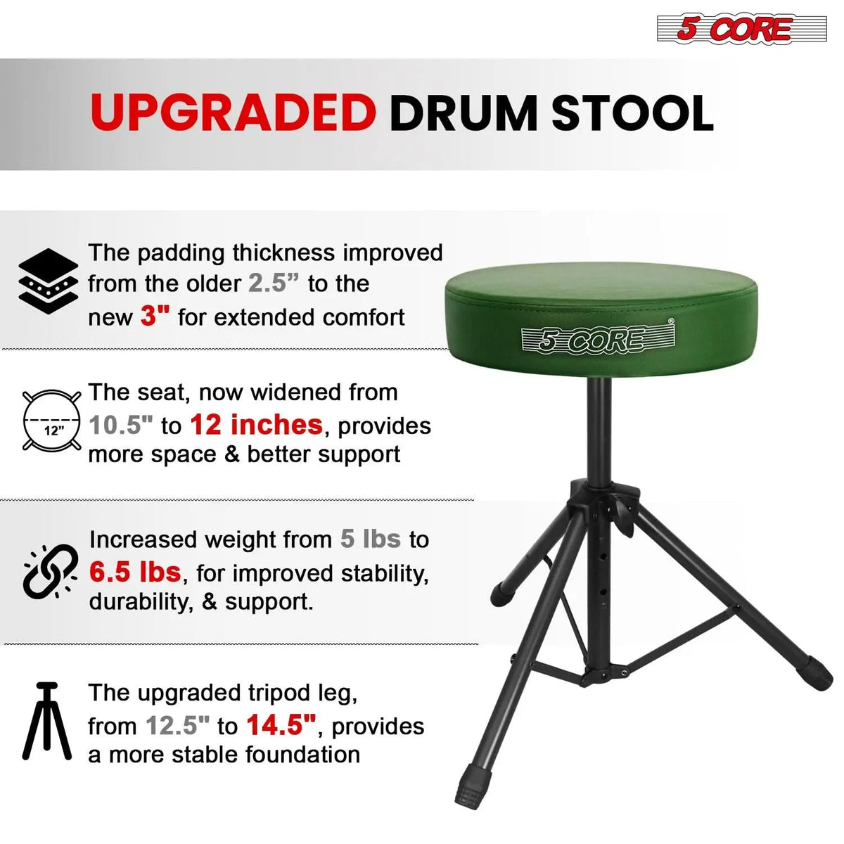 5 Core Drum Throne 3" Padded Seat Adjustable Drumming Chair for Practice and Performance - HONORABLE VETERANS SOLUTIONS