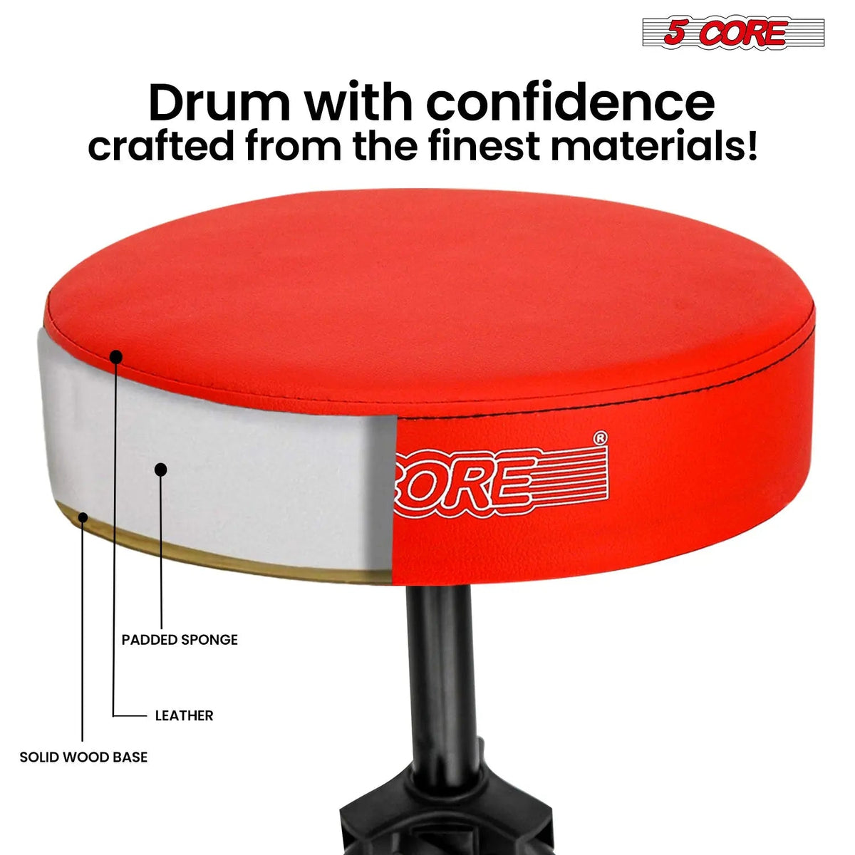 5 Core Drum Throne 3" Padded Seat Adjustable Drumming Chair for Practice and Performance - HONORABLE VETERANS SOLUTIONS