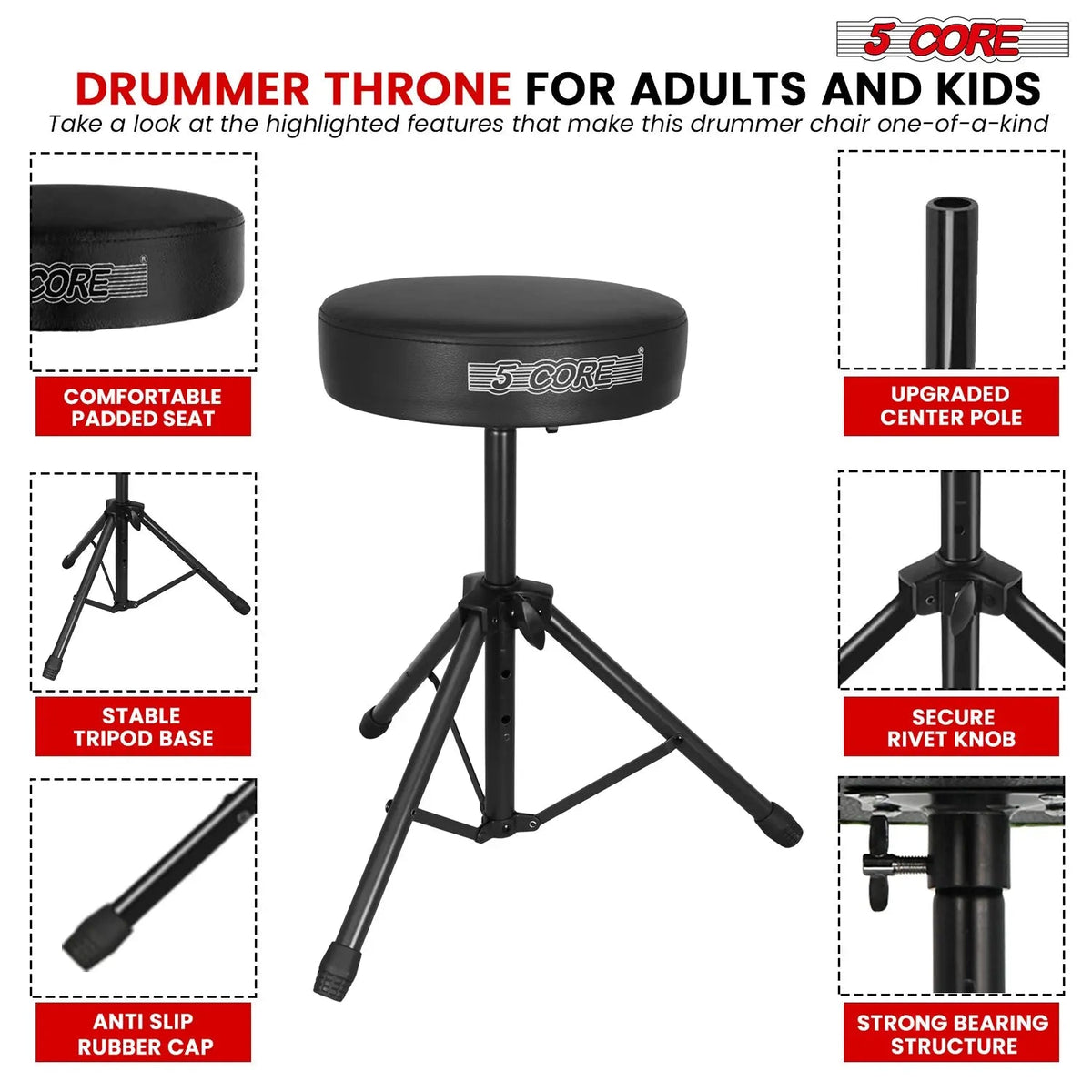 5 Core Drum Throne 3" Padded Seat Adjustable Drumming Chair for Practice and Performance - HONORABLE VETERANS SOLUTIONS