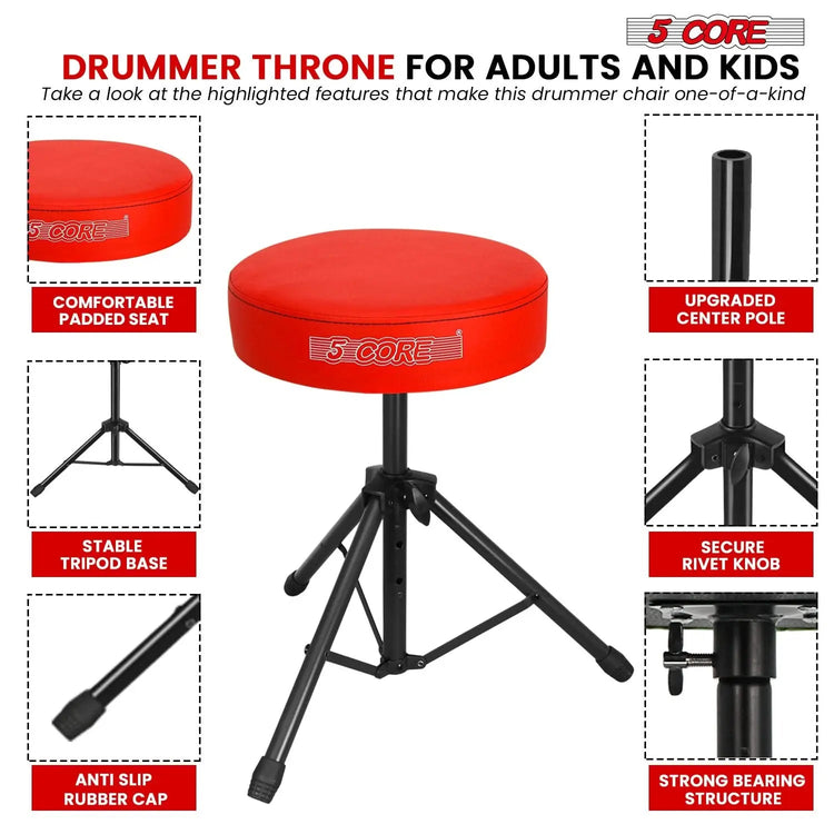5 Core Drum Throne 3" Padded Seat Adjustable Drumming Chair for Practice and Performance - HONORABLE VETERANS SOLUTIONS