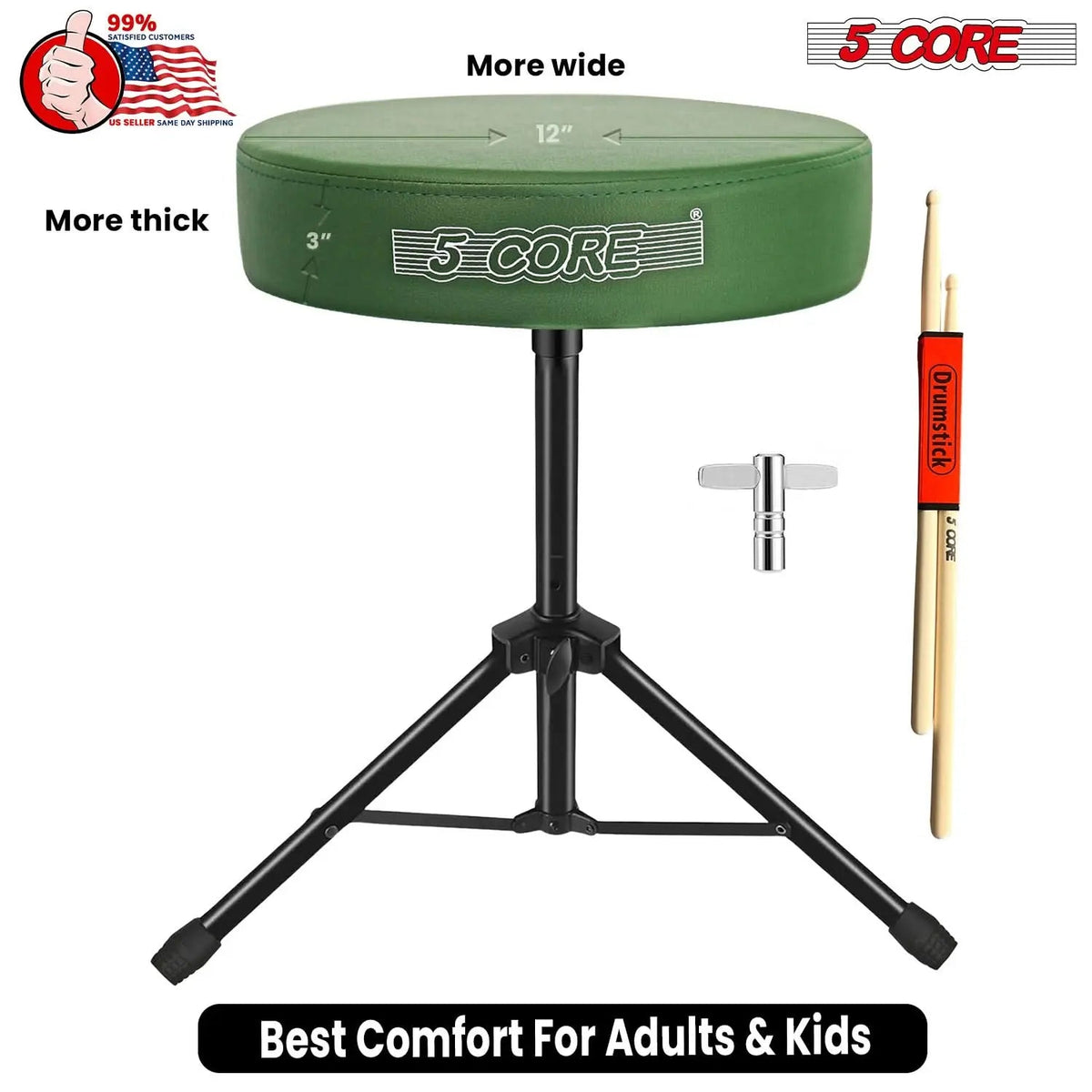 5 Core Drum Throne 3" Padded Seat Adjustable Drumming Chair for Practice and Performance - HONORABLE VETERANS SOLUTIONS