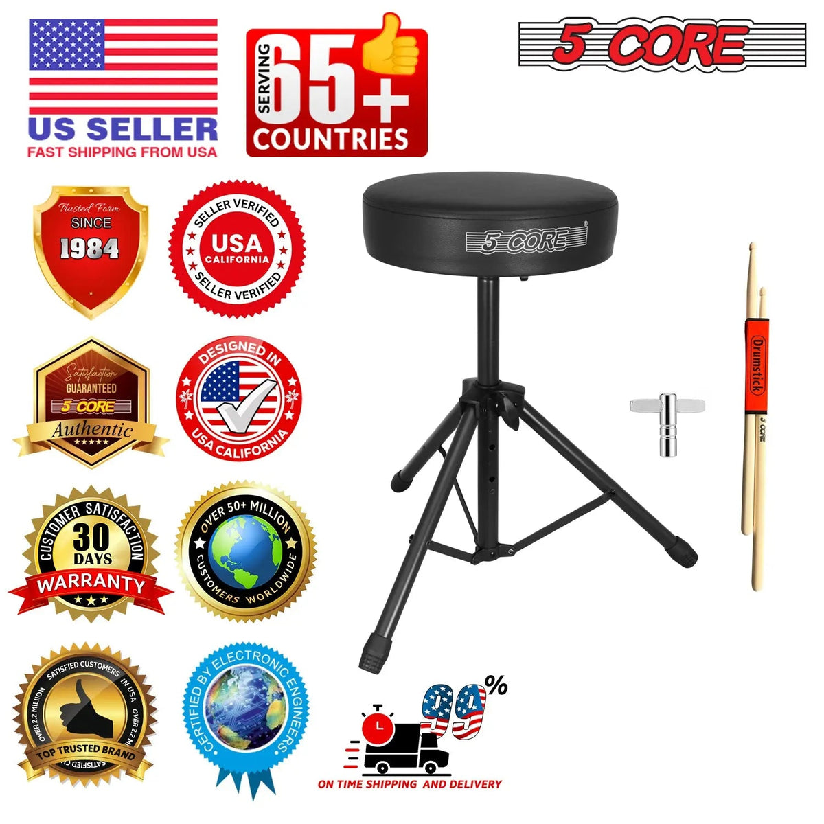 5 Core Drum Throne 3" Padded Seat Adjustable Drumming Chair for Practice and Performance - HONORABLE VETERANS SOLUTIONS