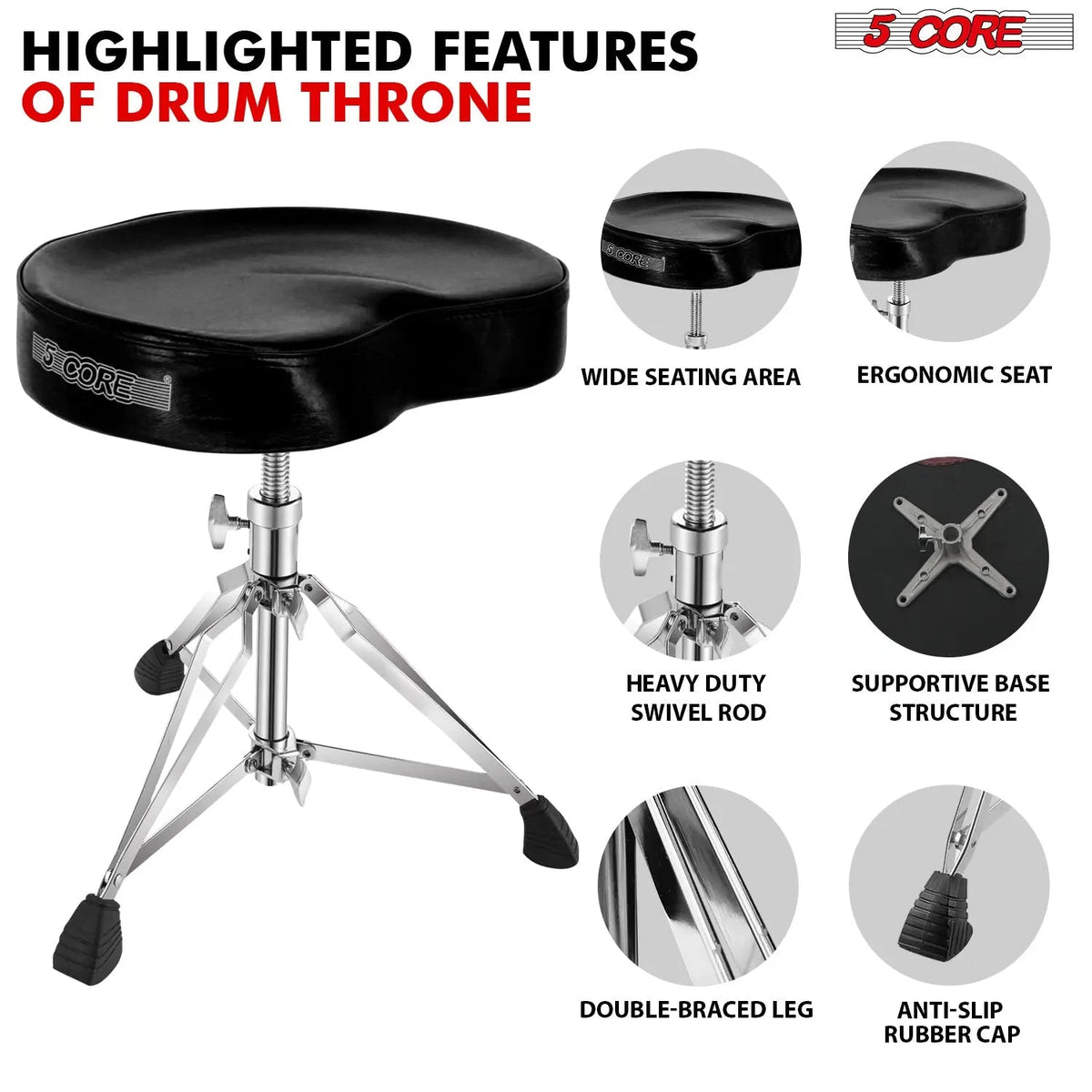 5 Core Drum Throne 4" Padded Saddle Seat Heavy Duty Adjustable Drumming Chair - HONORABLE VETERANS SOLUTIONS