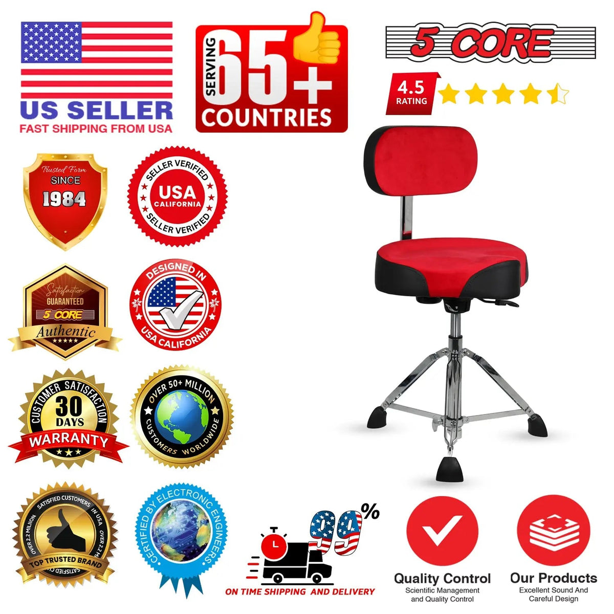 5 Core Drum Throne 4" Padded Seat w Backrest Airlift Adjustable Chair Ergonomic Drummer Stool - HONORABLE VETERANS SOLUTIONS
