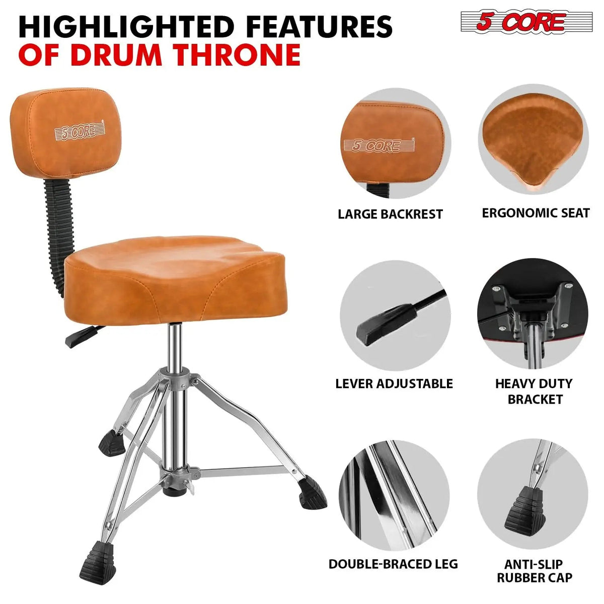 5 Core Drum Throne 4" Padded Seat w Backrest Airlift Adjustable Chair Ergonomic Drummer Stool - HONORABLE VETERANS SOLUTIONS