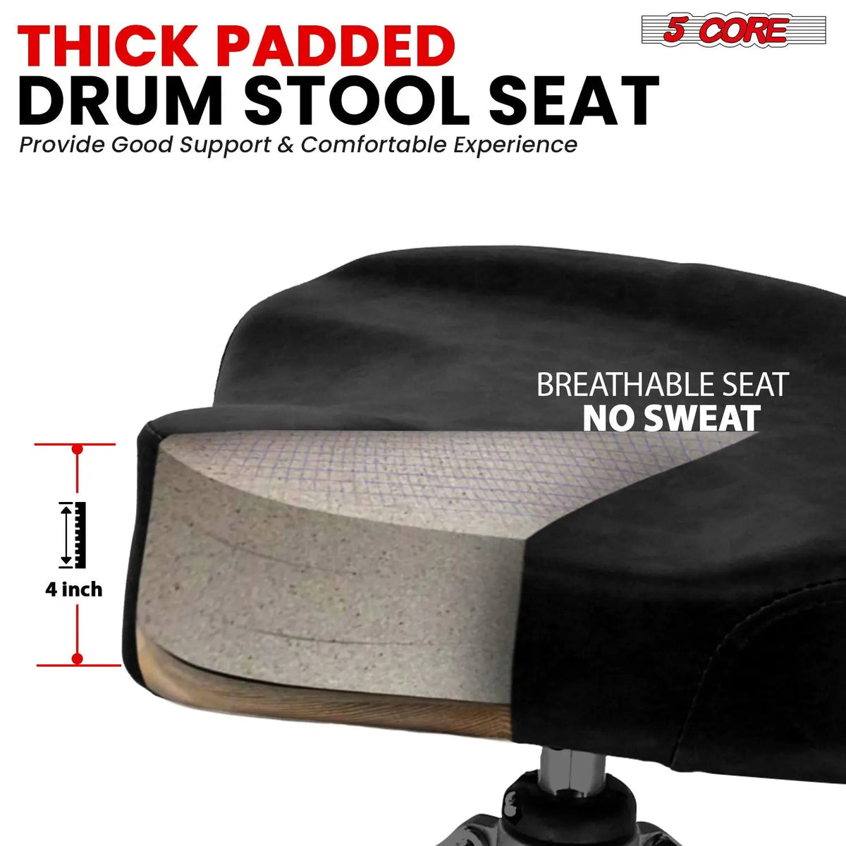 5 Core Drum Throne 4" Padded Seat w Backrest Airlift Adjustable Chair Ergonomic Drummer Stool - HONORABLE VETERANS SOLUTIONS