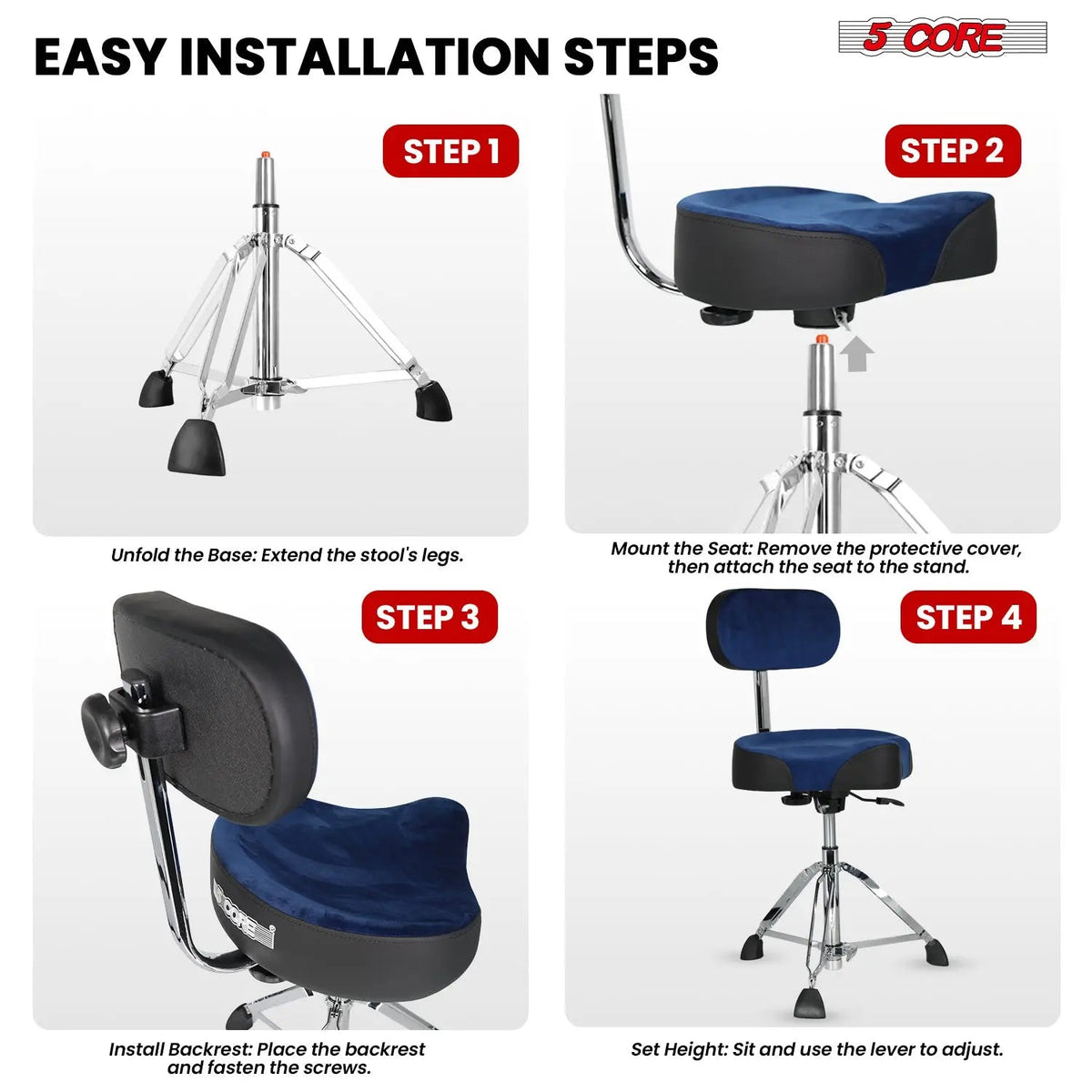 5 Core Drum Throne 4" Padded Seat w Backrest Airlift Adjustable Chair Ergonomic Drummer Stool - HONORABLE VETERANS SOLUTIONS