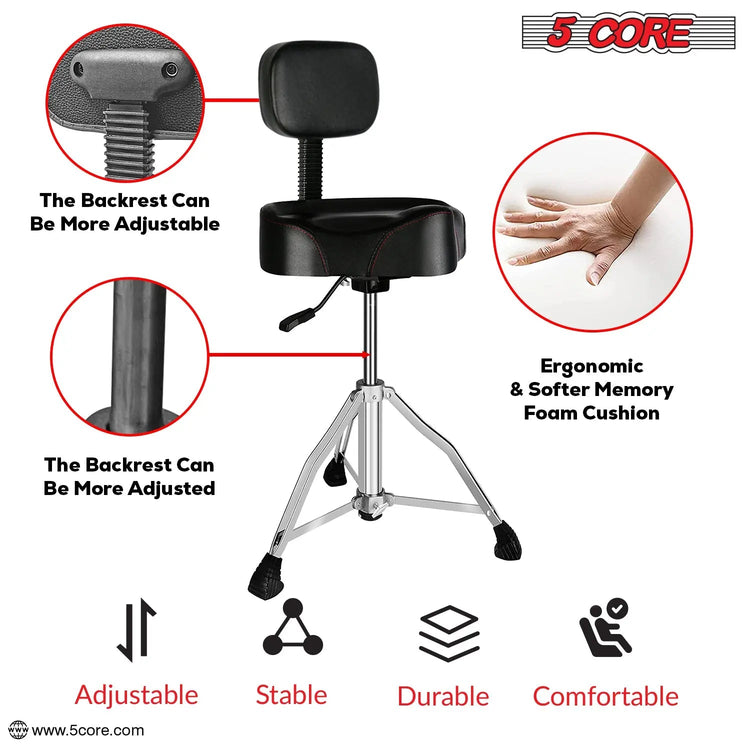 5 Core Drum Throne 4" Padded Seat w Backrest Airlift Adjustable Chair Ergonomic Drummer Stool - HONORABLE VETERANS SOLUTIONS