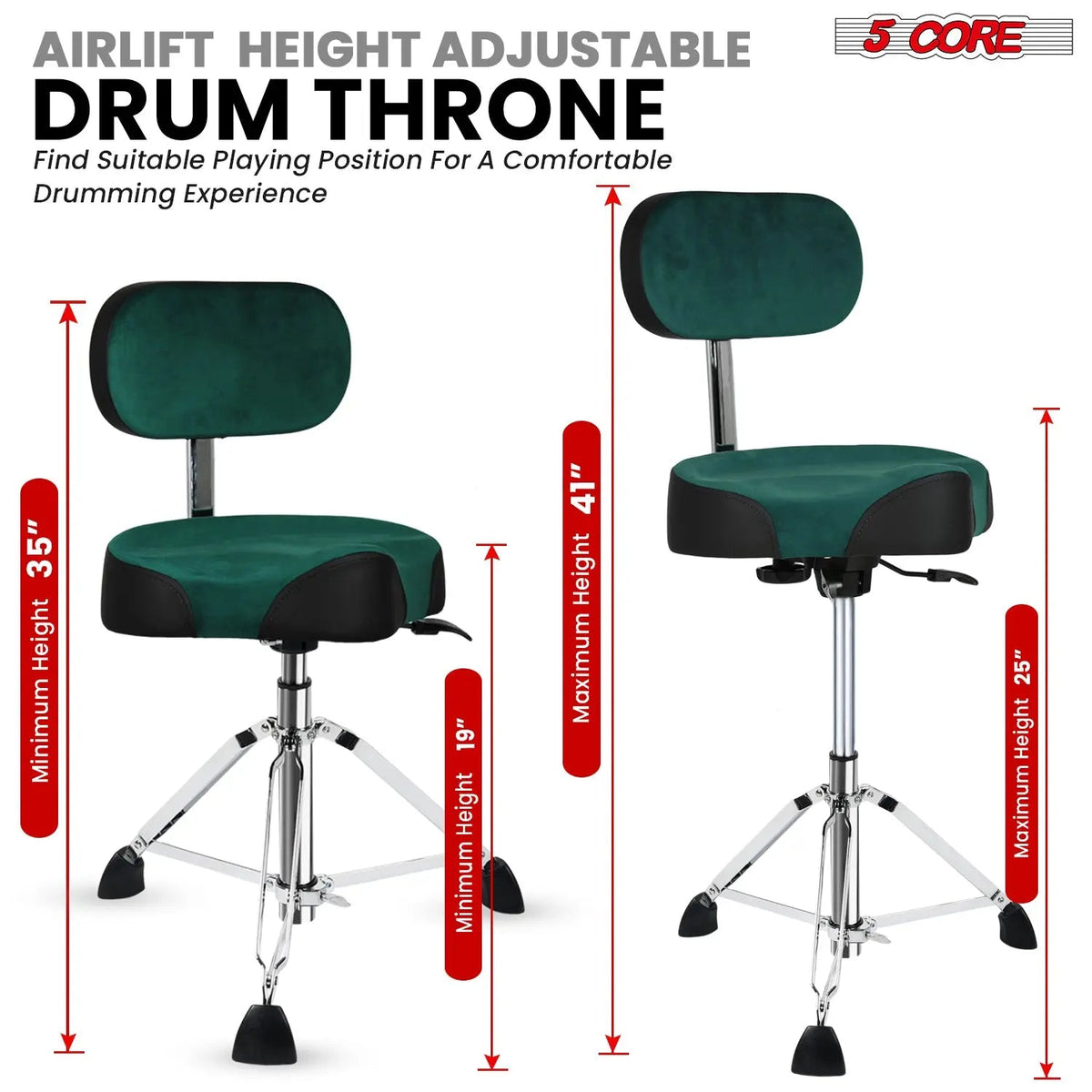 5 Core Drum Throne 4" Padded Seat w Backrest Airlift Adjustable Chair Ergonomic Drummer Stool - HONORABLE VETERANS SOLUTIONS