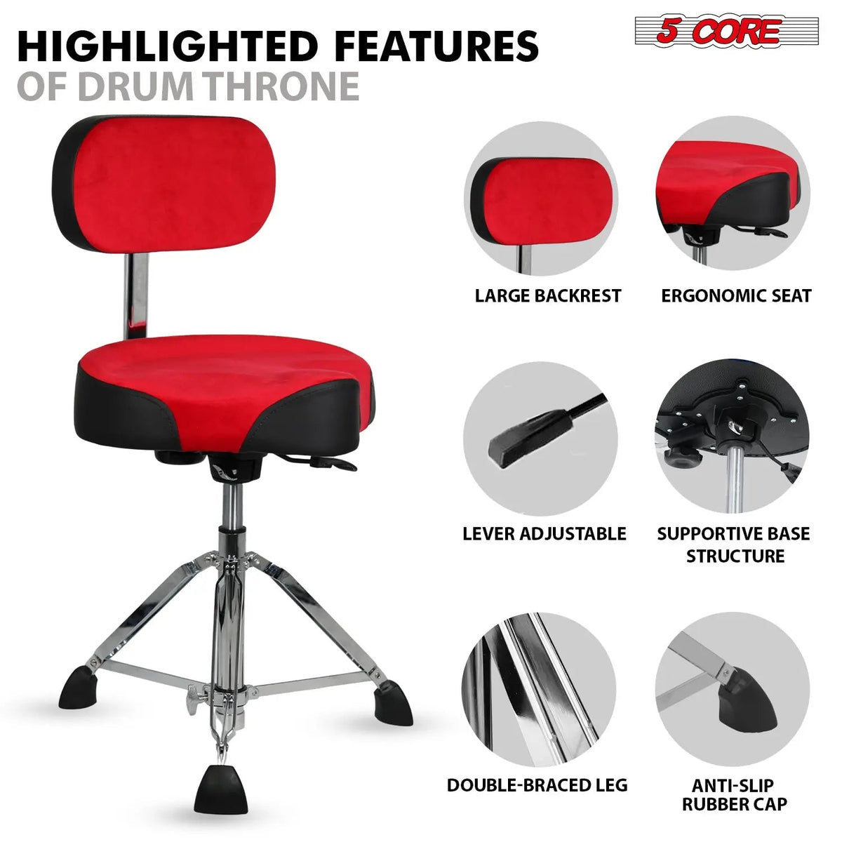 5 Core Drum Throne 4" Padded Seat w Backrest Airlift Adjustable Chair Ergonomic Drummer Stool - HONORABLE VETERANS SOLUTIONS