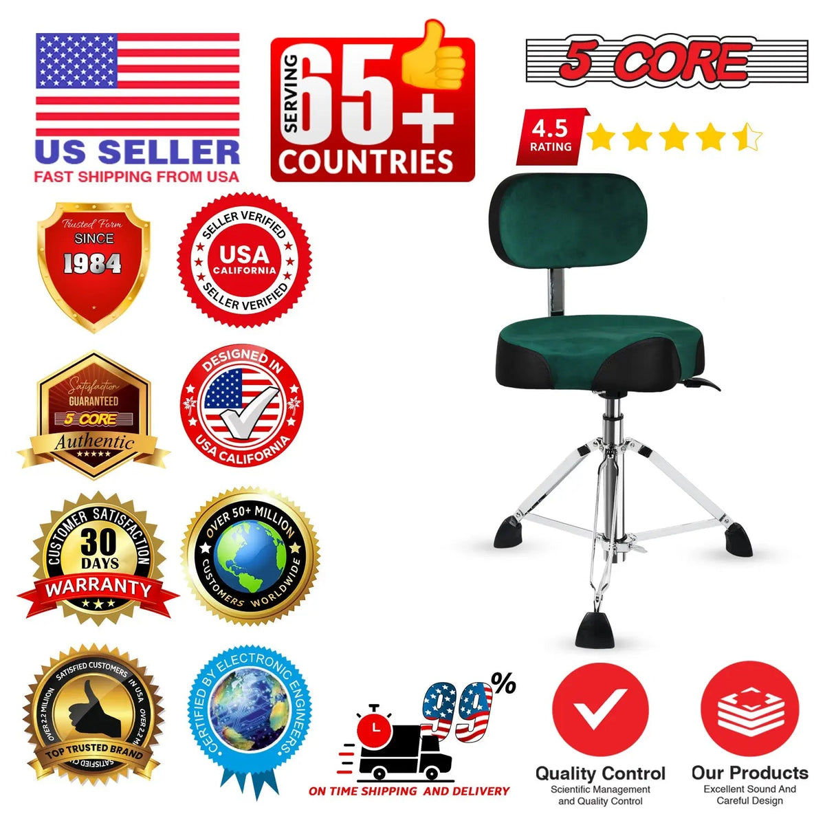 5 Core Drum Throne 4" Padded Seat w Backrest Airlift Adjustable Chair Ergonomic Drummer Stool - HONORABLE VETERANS SOLUTIONS