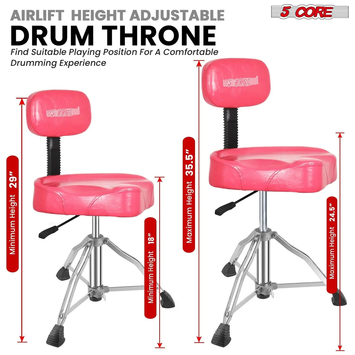 5 Core Drum Throne 4" Padded Seat w Backrest Airlift Adjustable Chair Ergonomic Drummer Stool - HONORABLE VETERANS SOLUTIONS