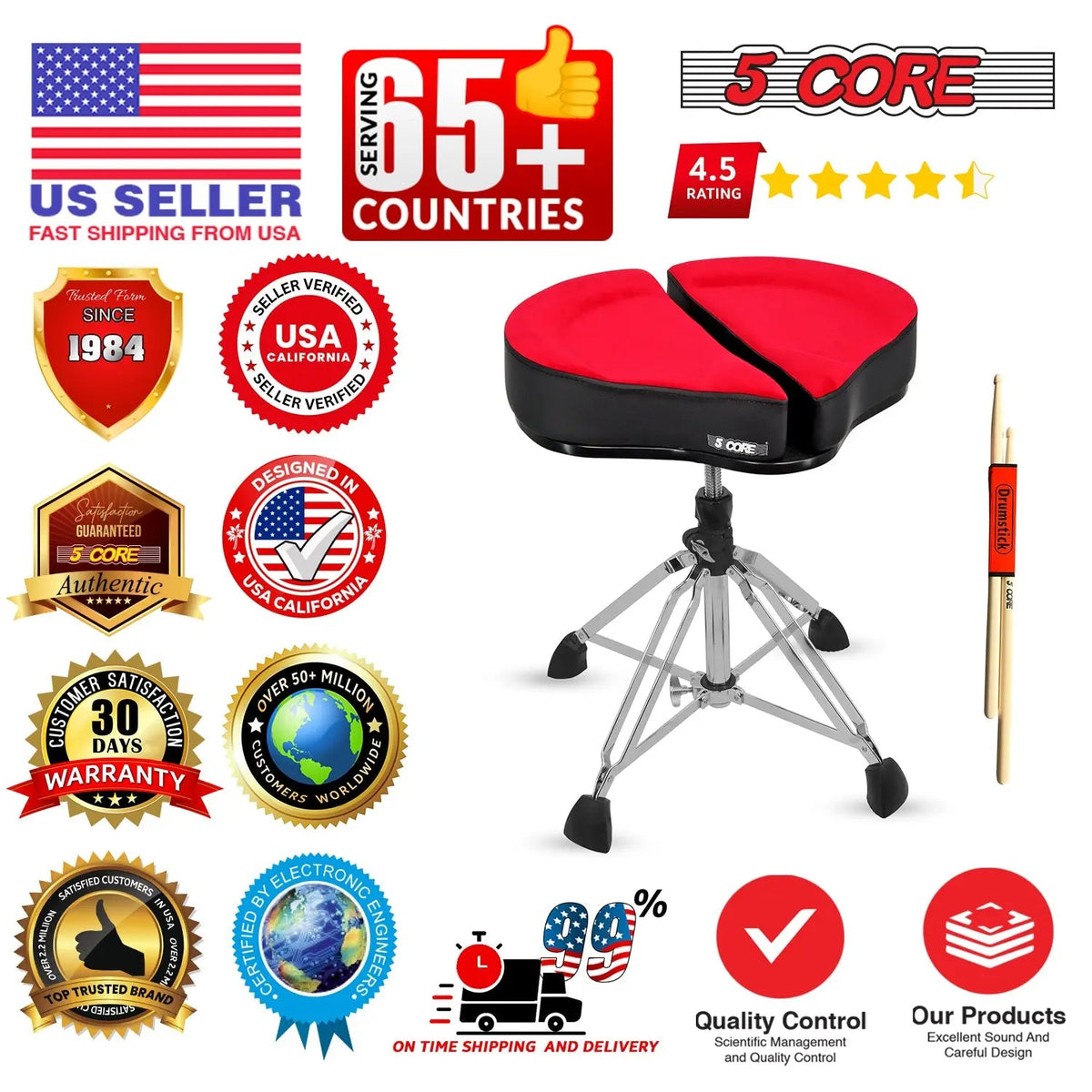 5 Core Drum Throne 4" Padded Split Spine Support 4 Legged 441Lb Capacity Drummer Stool - HONORABLE VETERANS SOLUTIONS
