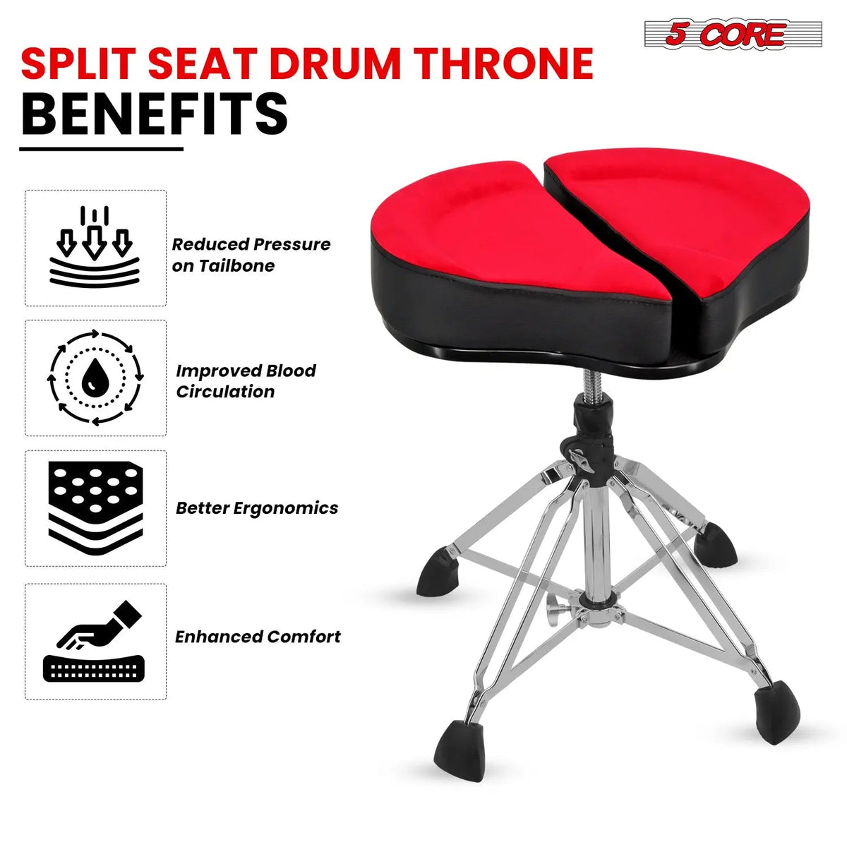 5 Core Drum Throne 4" Padded Split Spine Support 4 Legged 441Lb Capacity Drummer Stool - HONORABLE VETERANS SOLUTIONS