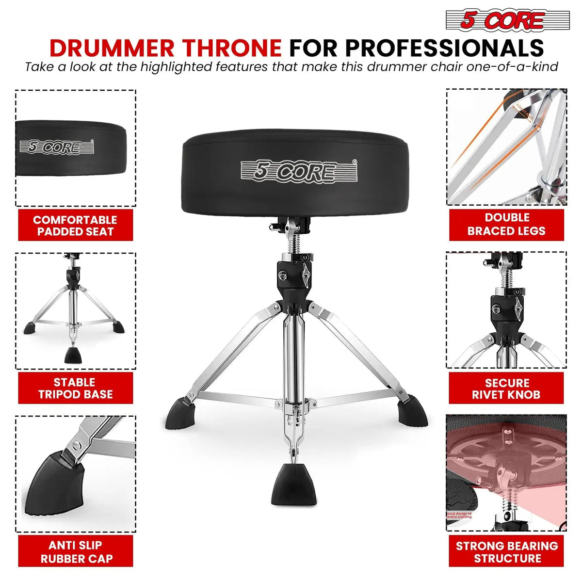 5 Core Drum Throne 4" Thick Padded Guitar Stool 400Lb Capacity Drummer Chair Swivel Adjustable - HONORABLE VETERANS SOLUTIONS