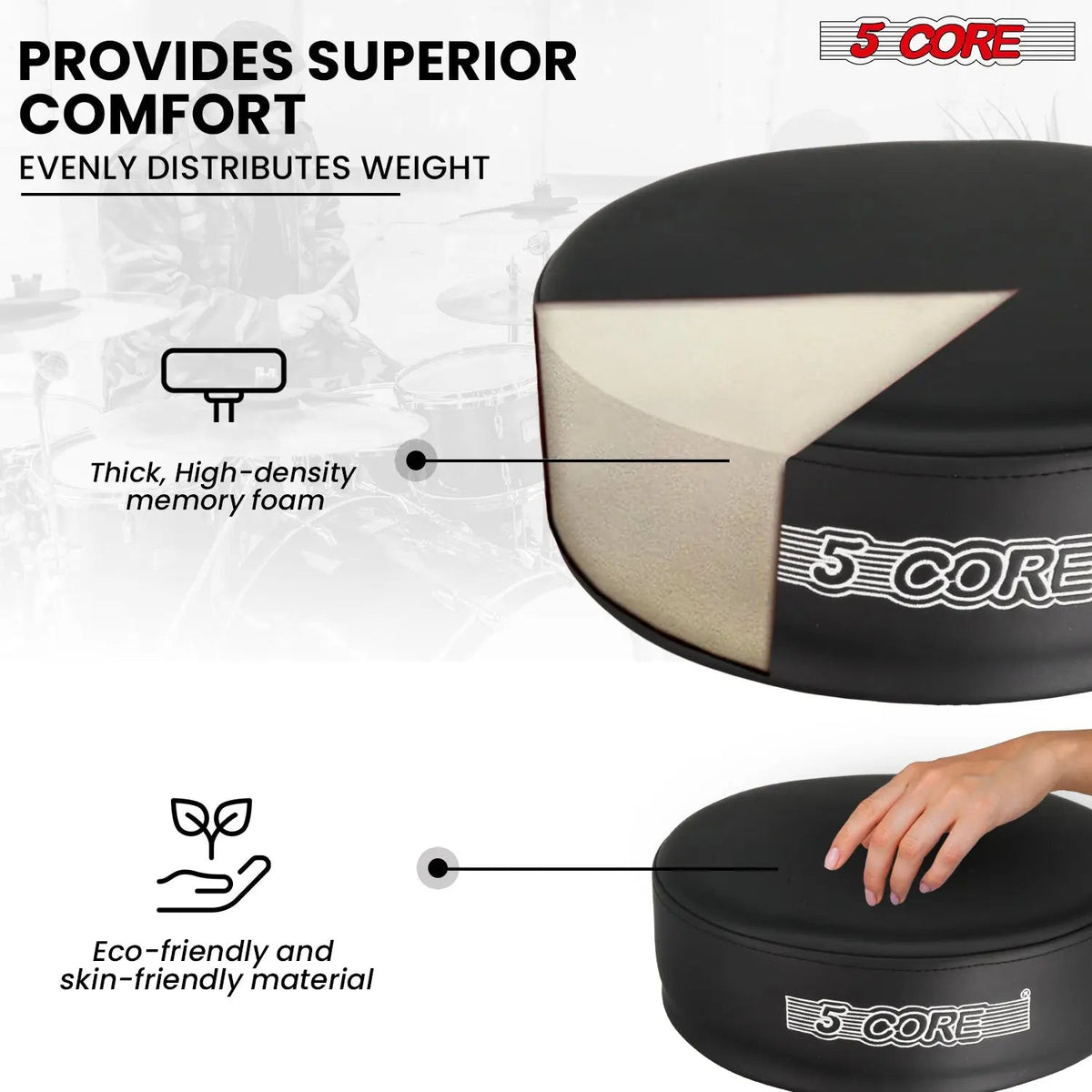 5 Core Drum Throne 4" Thick Padded Guitar Stool 400Lb Capacity Drummer Chair Swivel Adjustable - HONORABLE VETERANS SOLUTIONS
