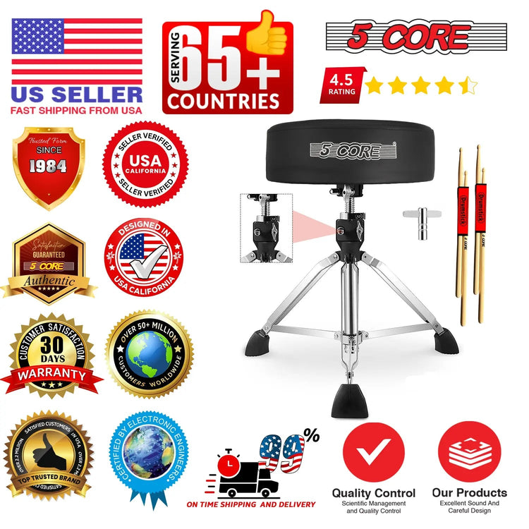 5 Core Drum Throne 4" Thick Padded Guitar Stool 400Lb Capacity Drummer Chair Swivel Adjustable - HONORABLE VETERANS SOLUTIONS