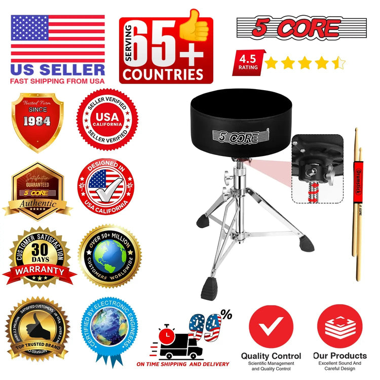 5 Core Drum Throne 5" Padded Drummer Seat Adjustable Drumming Chair w Luxury Velvet Top - HONORABLE VETERANS SOLUTIONS
