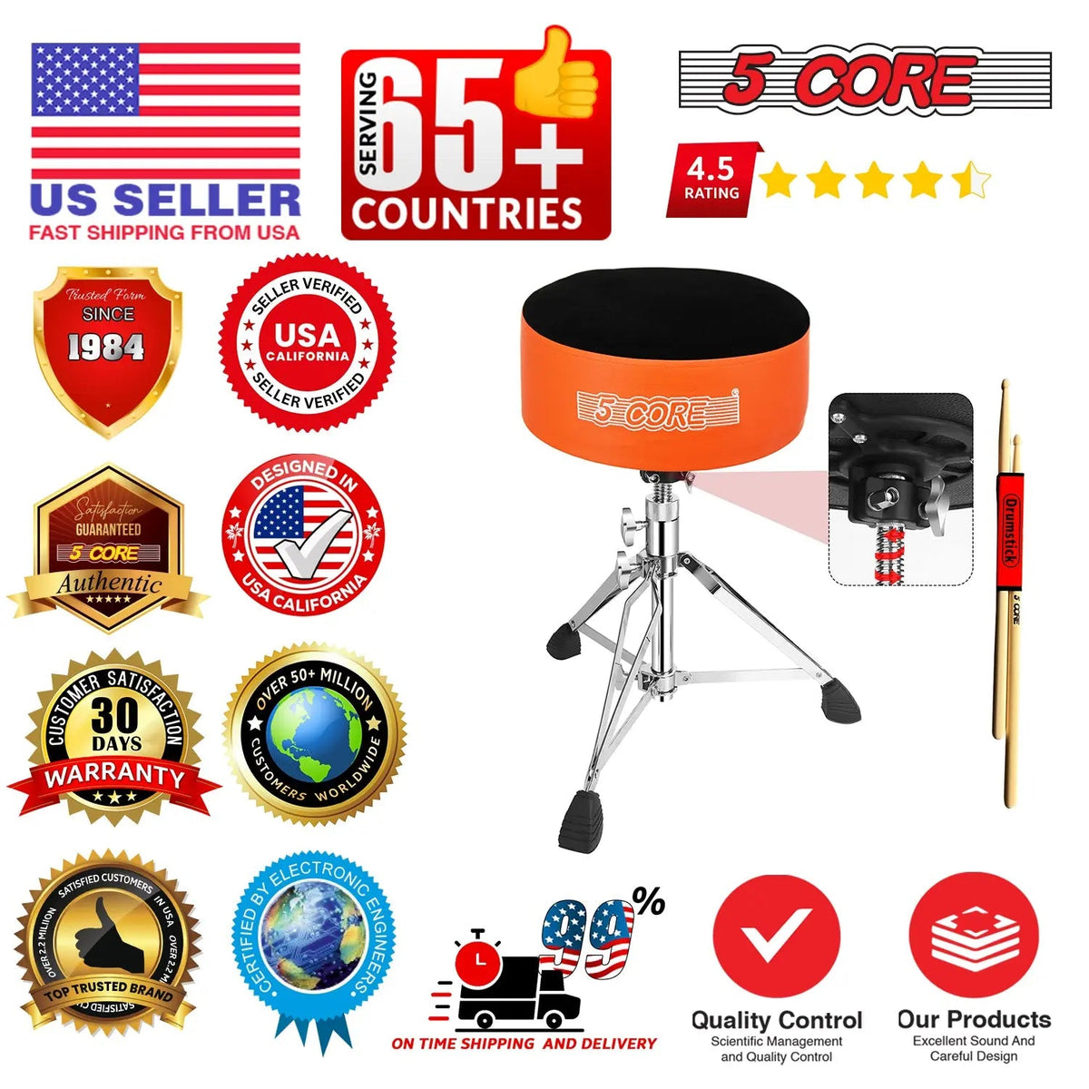 5 Core Drum Throne 5" Padded Drummer Seat Adjustable Drumming Chair w Luxury Velvet Top - HONORABLE VETERANS SOLUTIONS