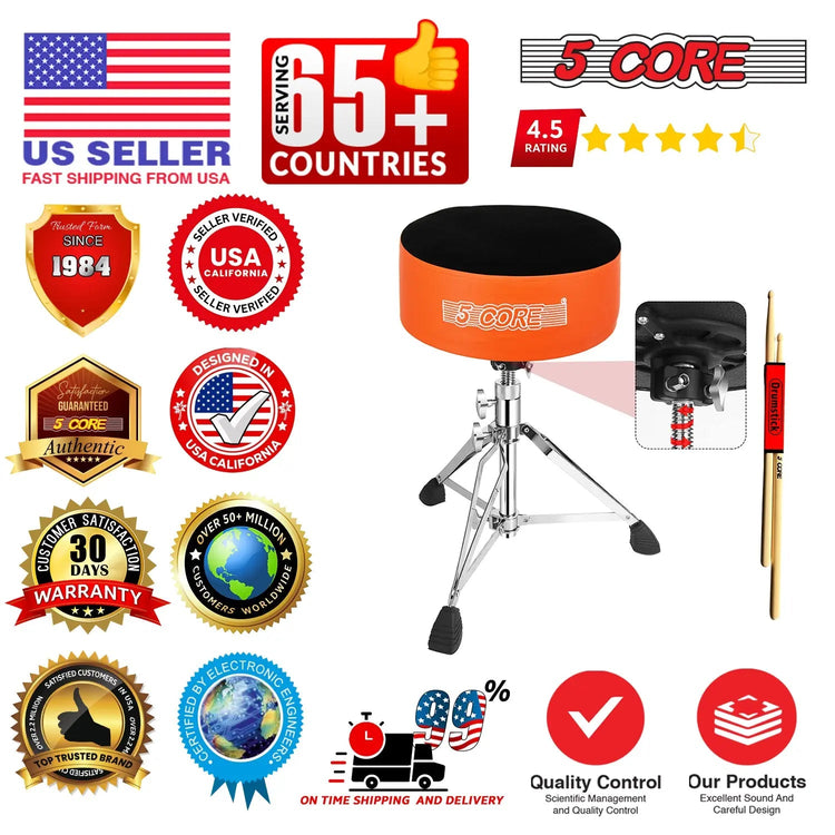 5 Core Drum Throne 5" Padded Drummer Seat Adjustable Drumming Chair w Luxury Velvet Top - HONORABLE VETERANS SOLUTIONS