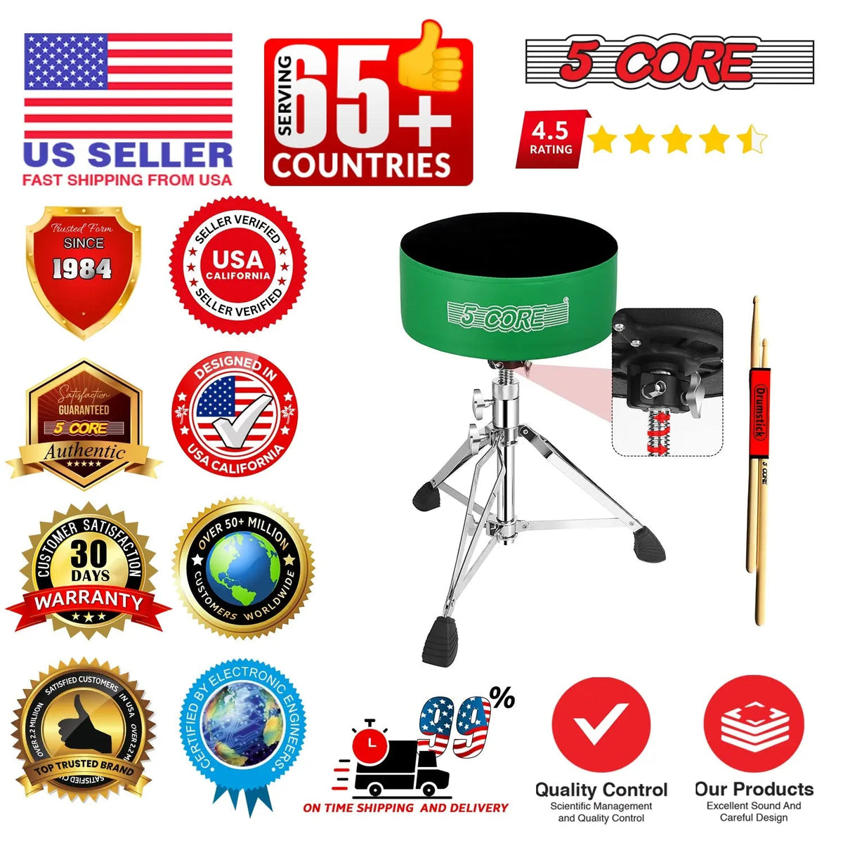 5 Core Drum Throne 5" Padded Drummer Seat Adjustable Drumming Chair w Luxury Velvet Top - HONORABLE VETERANS SOLUTIONS