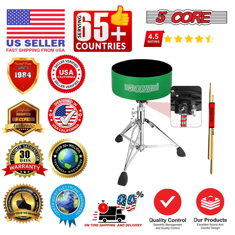 5 Core Drum Throne 5" Padded Drummer Seat Adjustable Drumming Chair w Luxury Velvet Top - HONORABLE VETERANS SOLUTIONS