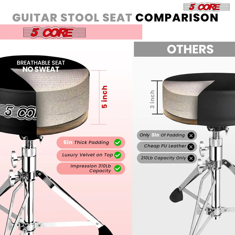 5 Core Drum Throne 5" Padded Drummer Seat Adjustable Drumming Chair w Luxury Velvet Top - HONORABLE VETERANS SOLUTIONS