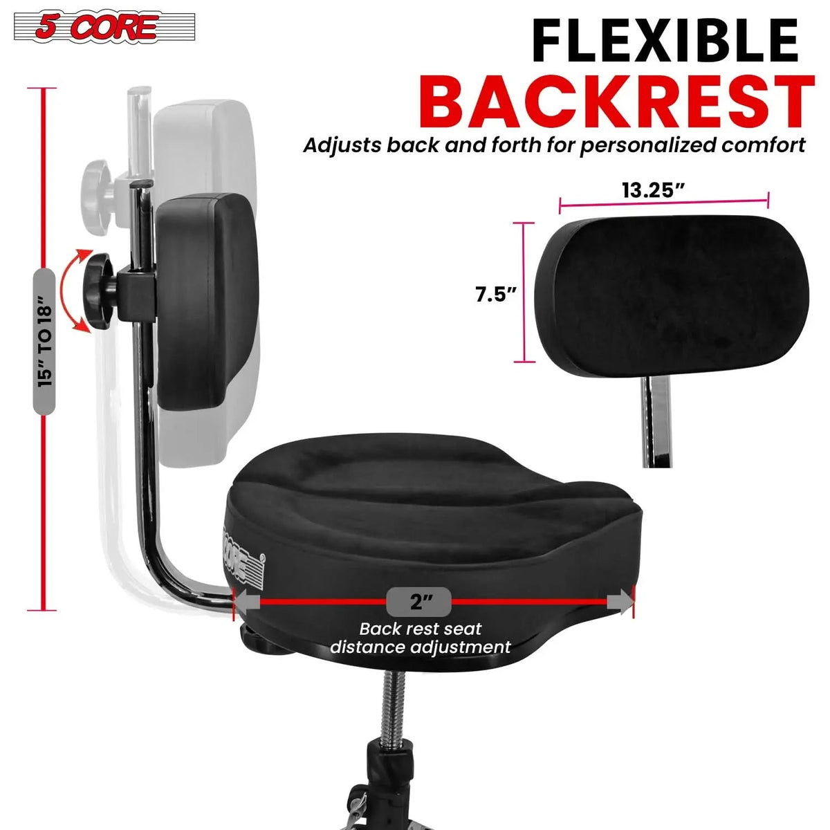 5 Core Drum Throne 5" Padded Split Spine Support 4 Legged 441Lb Capacity Stool w Backrest - HONORABLE VETERANS SOLUTIONS