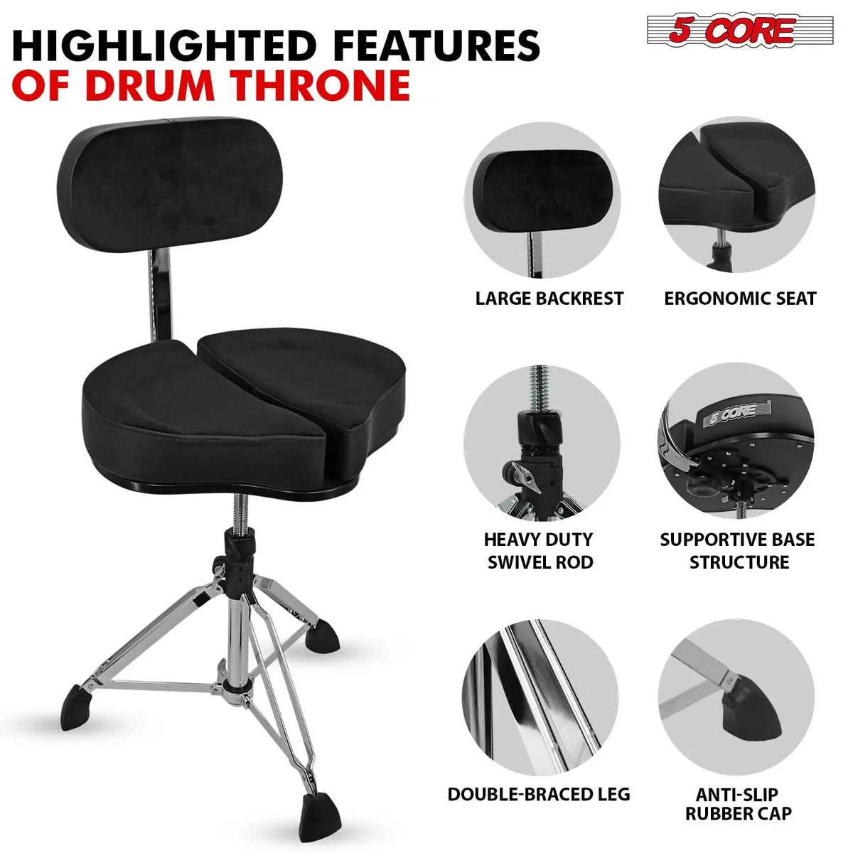 5 Core Drum Throne 5" Padded Split Spine Support 4 Legged 441Lb Capacity Stool w Backrest - HONORABLE VETERANS SOLUTIONS