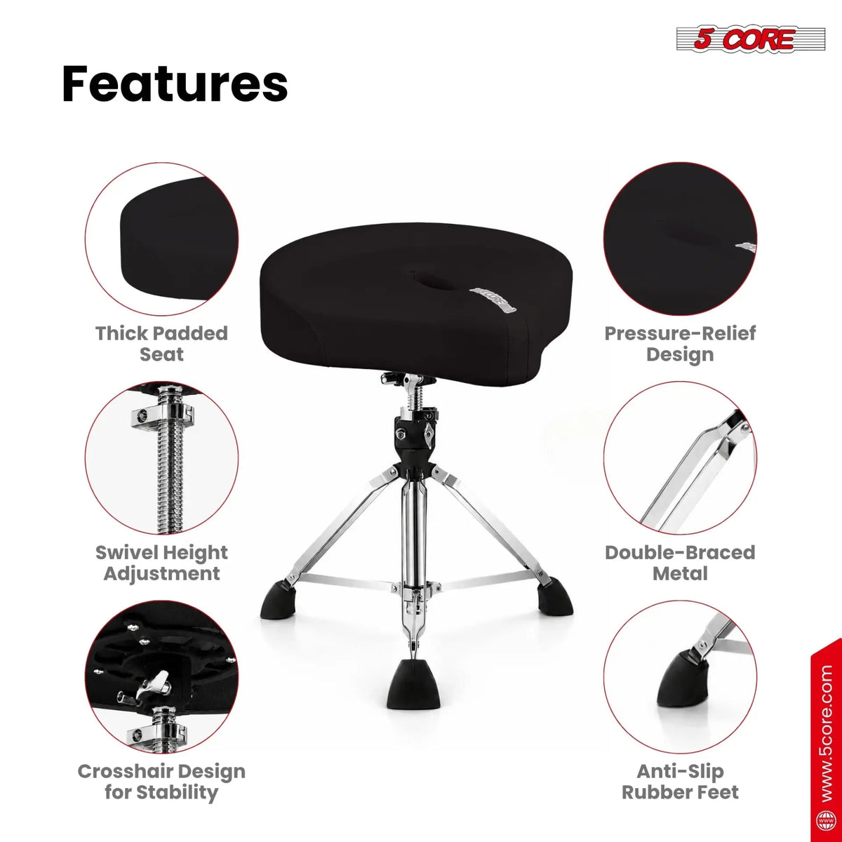 5 Core Drum Throne w 4.5" Padded Stool Adjustable Drummer Chair - HONORABLE VETERANS SOLUTIONS