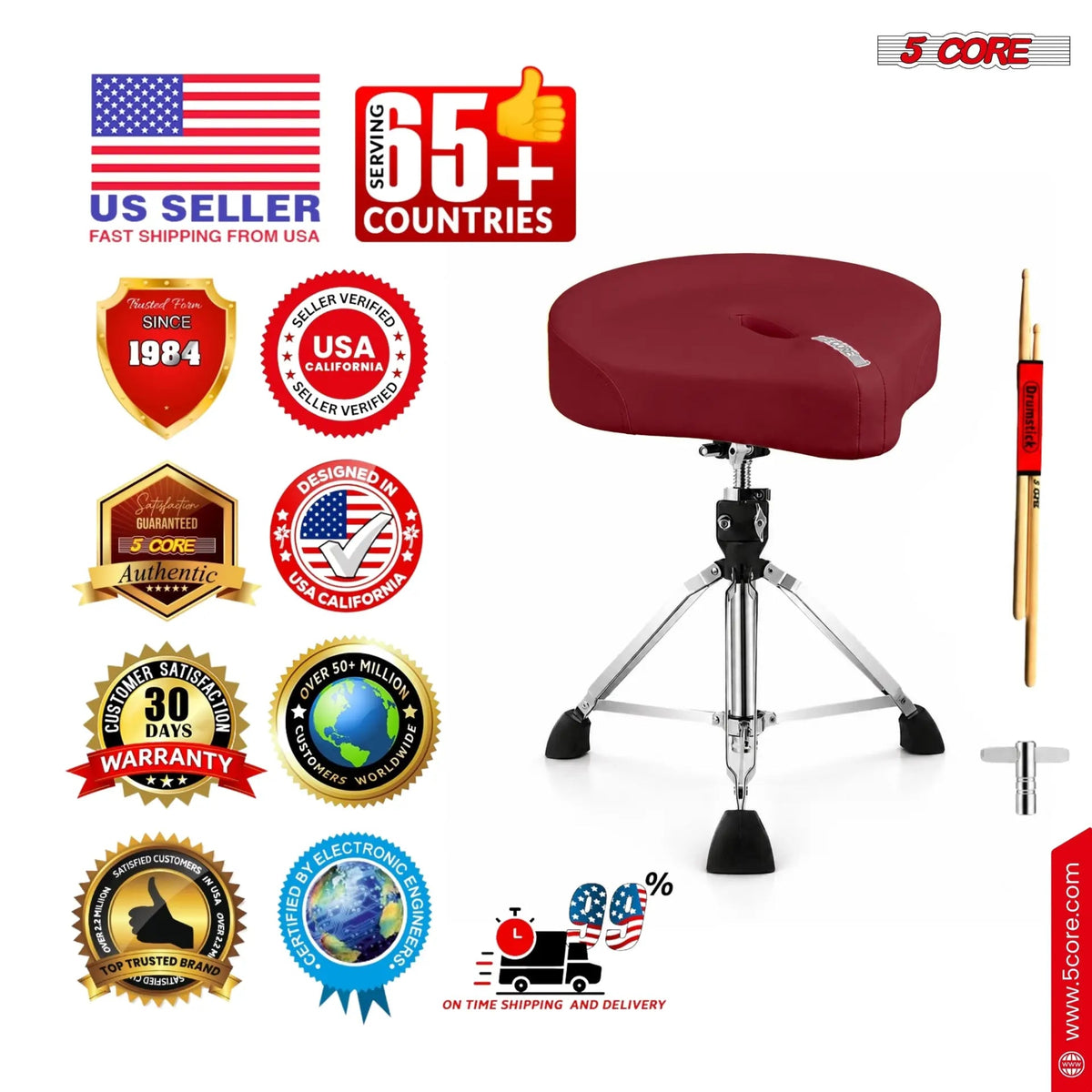 5 Core Drum Throne w 4.5" Padded Stool Adjustable Drummer Chair - HONORABLE VETERANS SOLUTIONS