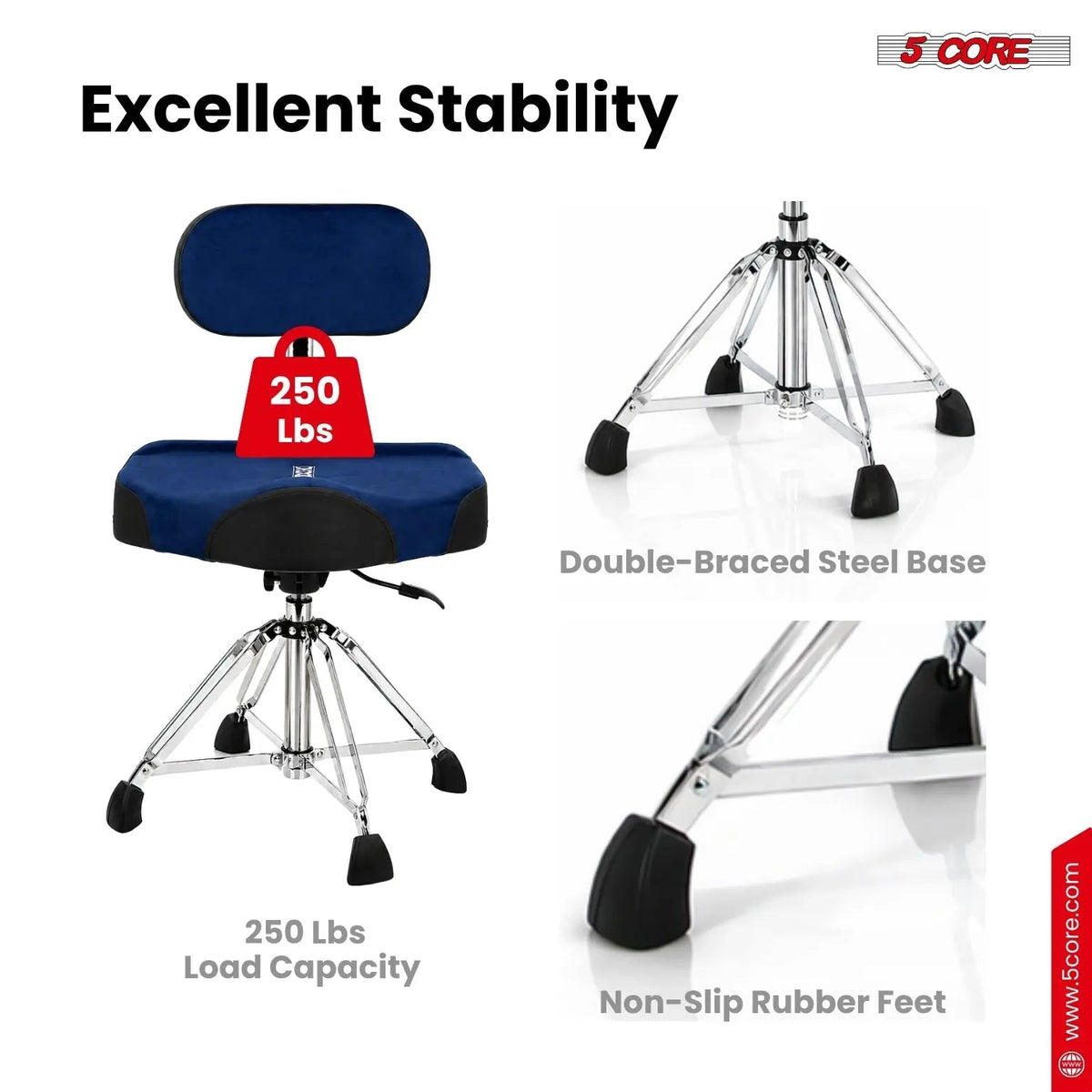 5 Core Drum Throne w Backrest 4" Padded Stool Airlift Adjustable Drummer Chair - HONORABLE VETERANS SOLUTIONS