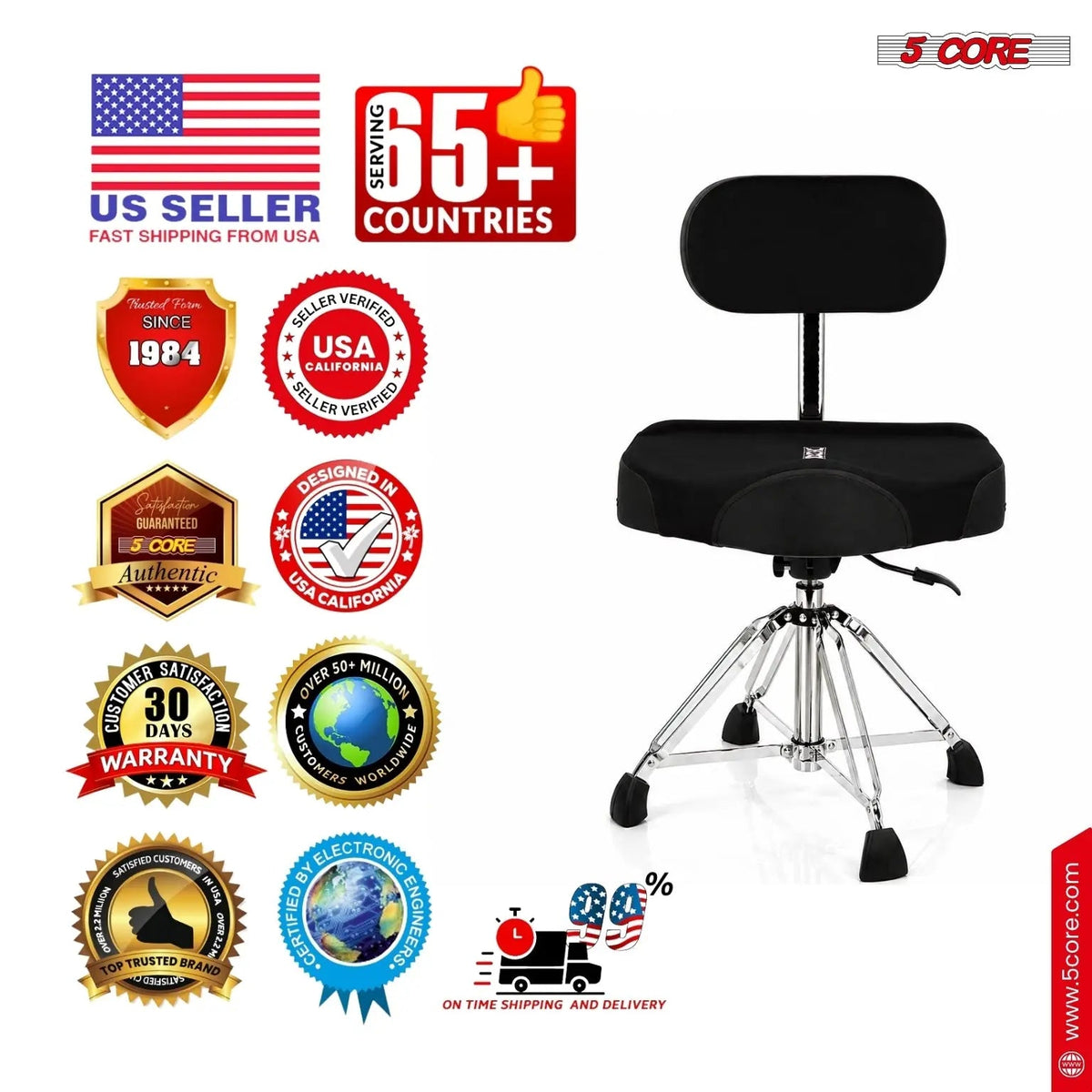 5 Core Drum Throne w Backrest 4" Padded Stool Airlift Adjustable Drummer Chair - HONORABLE VETERANS SOLUTIONS