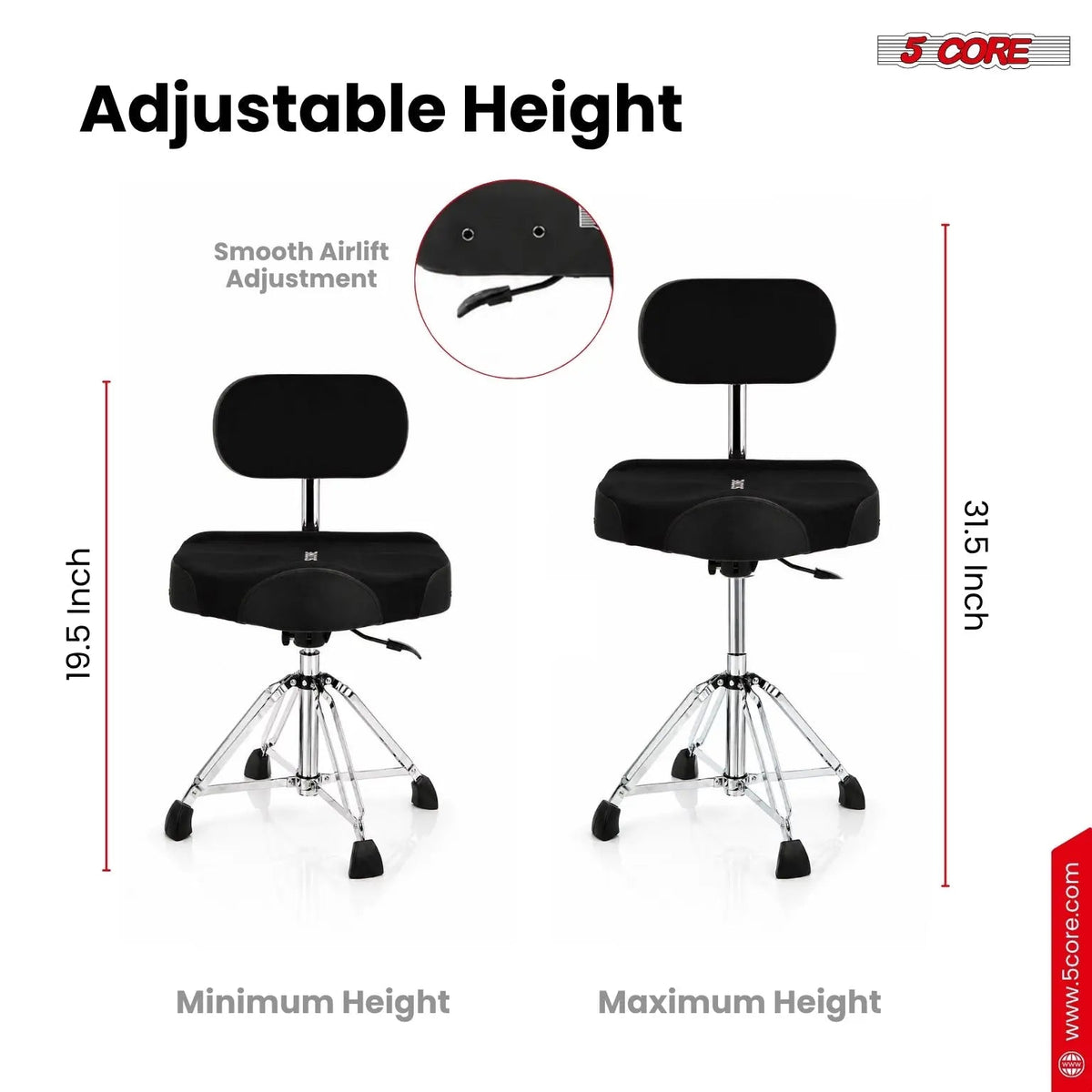 5 Core Drum Throne w Backrest 4" Padded Stool Airlift Adjustable Drummer Chair - HONORABLE VETERANS SOLUTIONS