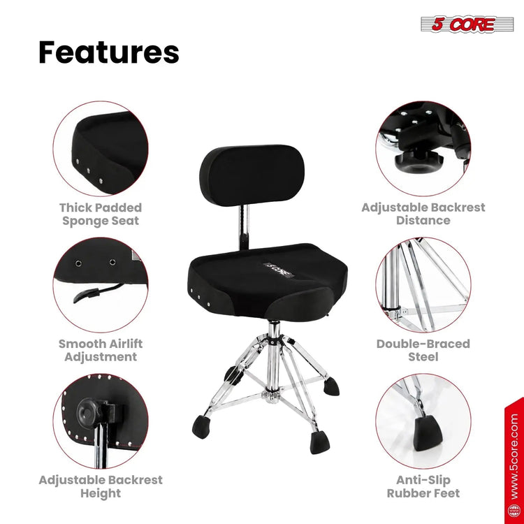 5 Core Drum Throne w Backrest 4" Padded Stool Airlift Adjustable Drummer Chair - HONORABLE VETERANS SOLUTIONS