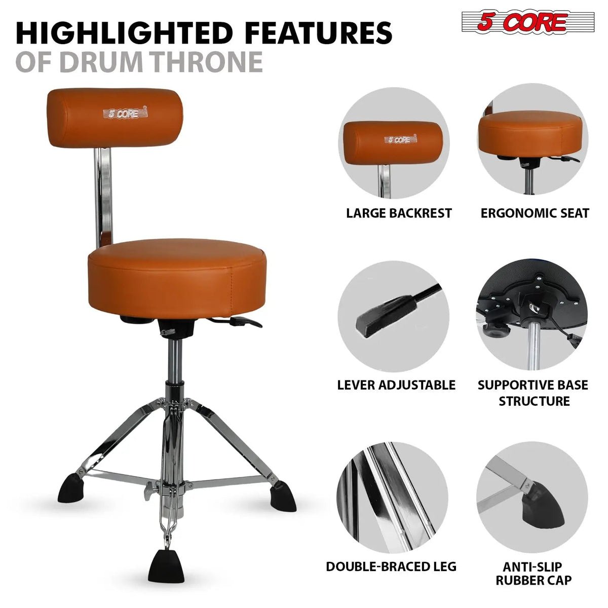 5 Core Drum Throne w Backrest 4" Padded Stool Airlift Adjustable Drummer Chair - HONORABLE VETERANS SOLUTIONS