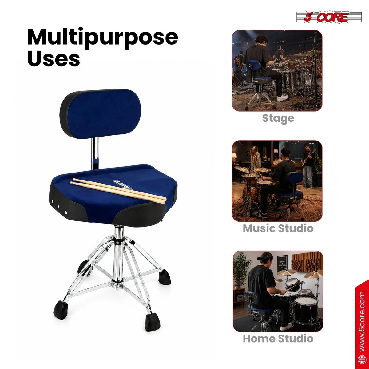 5 Core Drum Throne w Backrest 4" Padded Stool Airlift Adjustable Drummer Chair - HONORABLE VETERANS SOLUTIONS