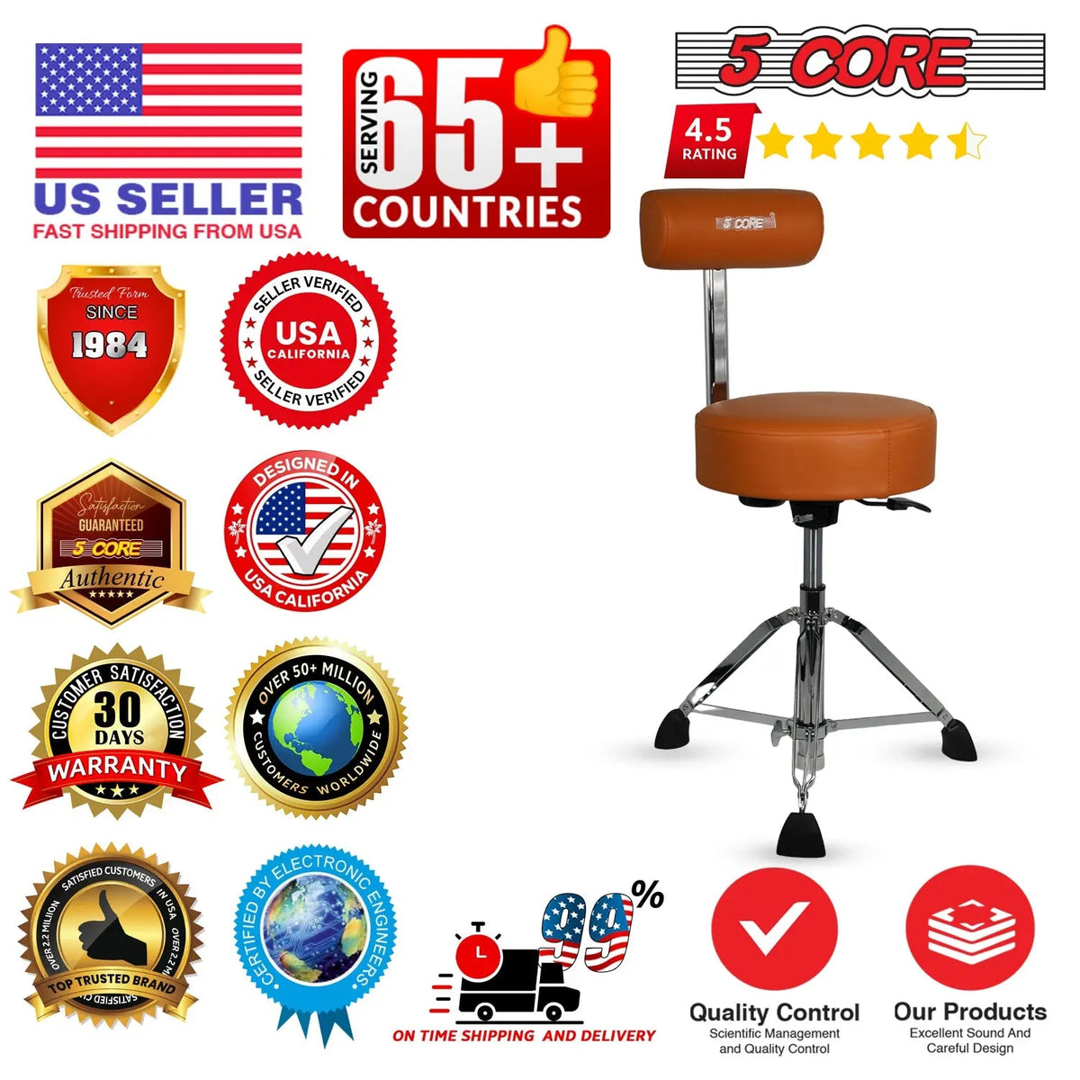 5 Core Drum Throne w Backrest 4" Padded Stool Airlift Adjustable Drummer Chair - HONORABLE VETERANS SOLUTIONS