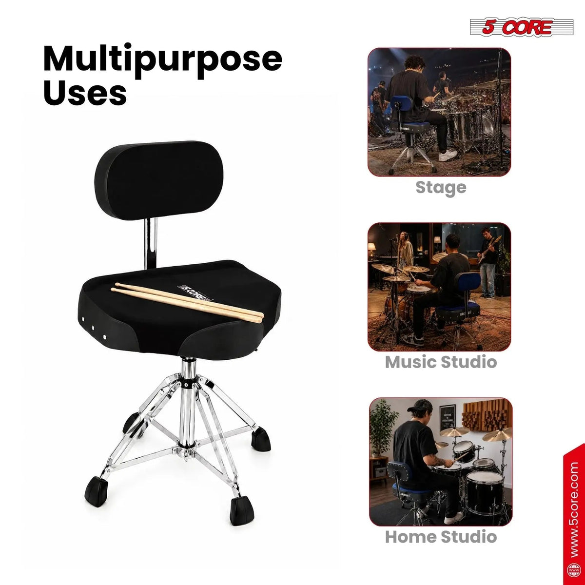 5 Core Drum Throne w Backrest 4" Padded Stool Airlift Adjustable Drummer Chair - HONORABLE VETERANS SOLUTIONS