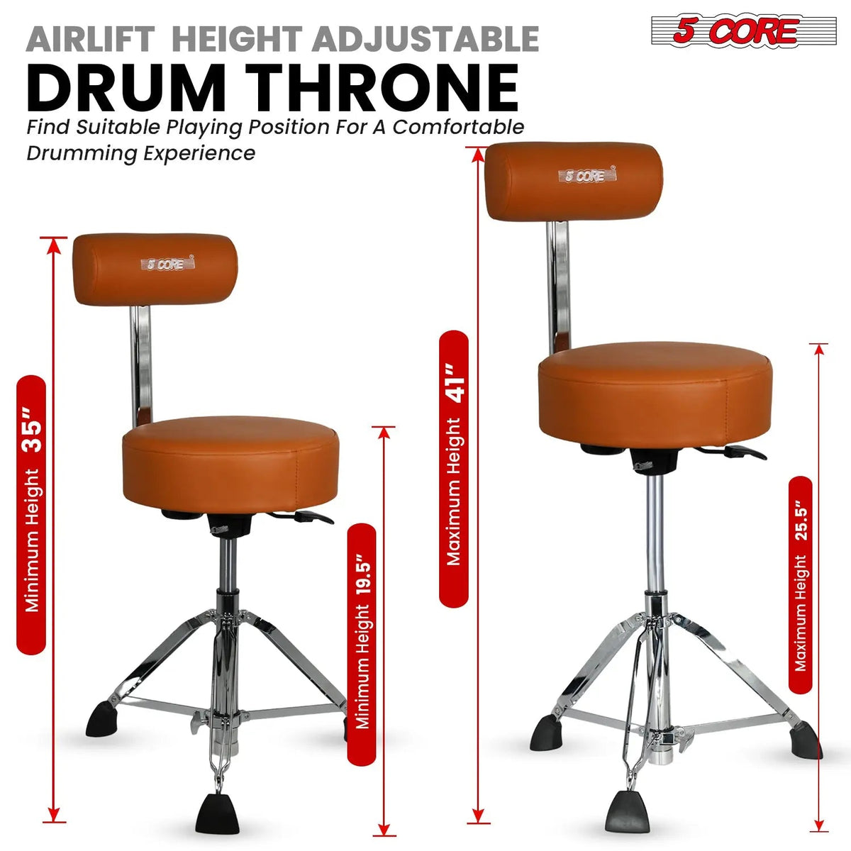5 Core Drum Throne w Backrest 4" Padded Stool Airlift Adjustable Drummer Chair - HONORABLE VETERANS SOLUTIONS