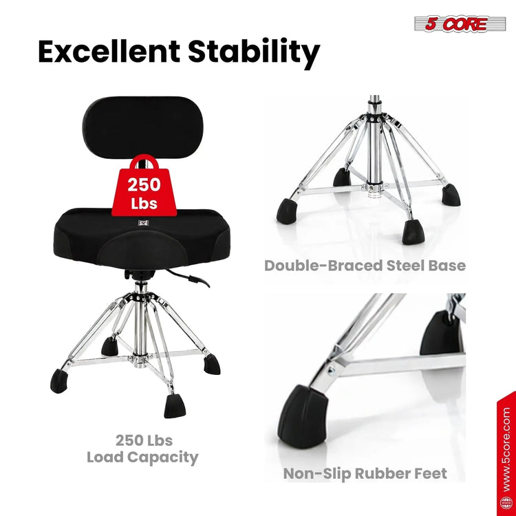5 Core Drum Throne w Backrest 4" Padded Stool Airlift Adjustable Drummer Chair - HONORABLE VETERANS SOLUTIONS