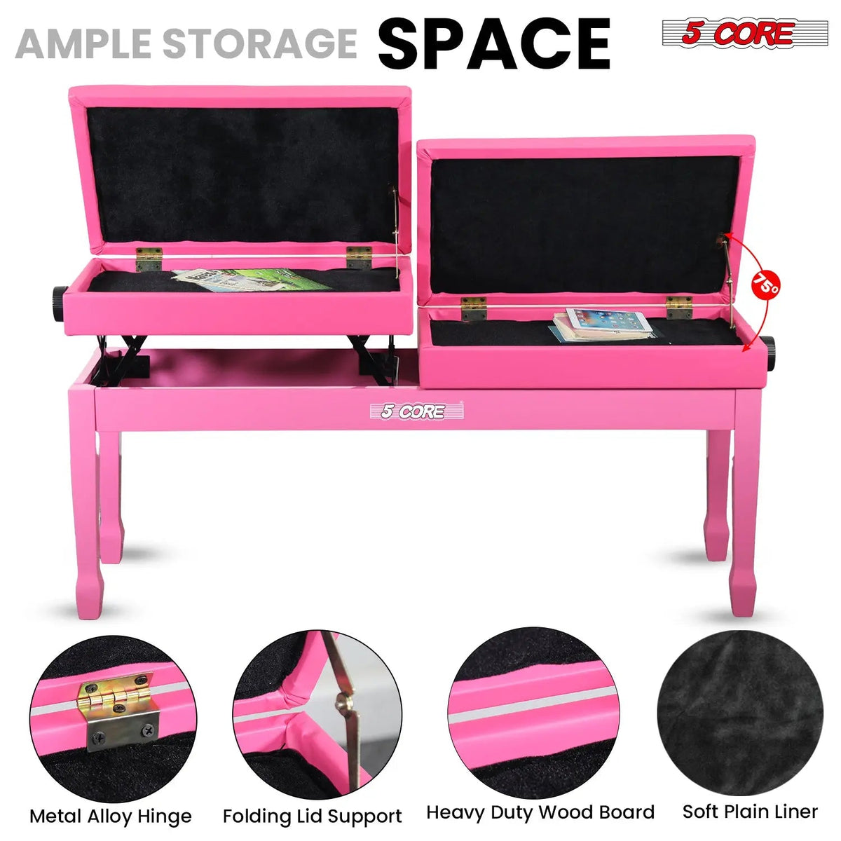 5 Core Duet Piano Bench 3.5 Inch Padded Cushioned Stool Wooden Heavy Duty Musician Chair w Storage - HONORABLE VETERANS SOLUTIONS
