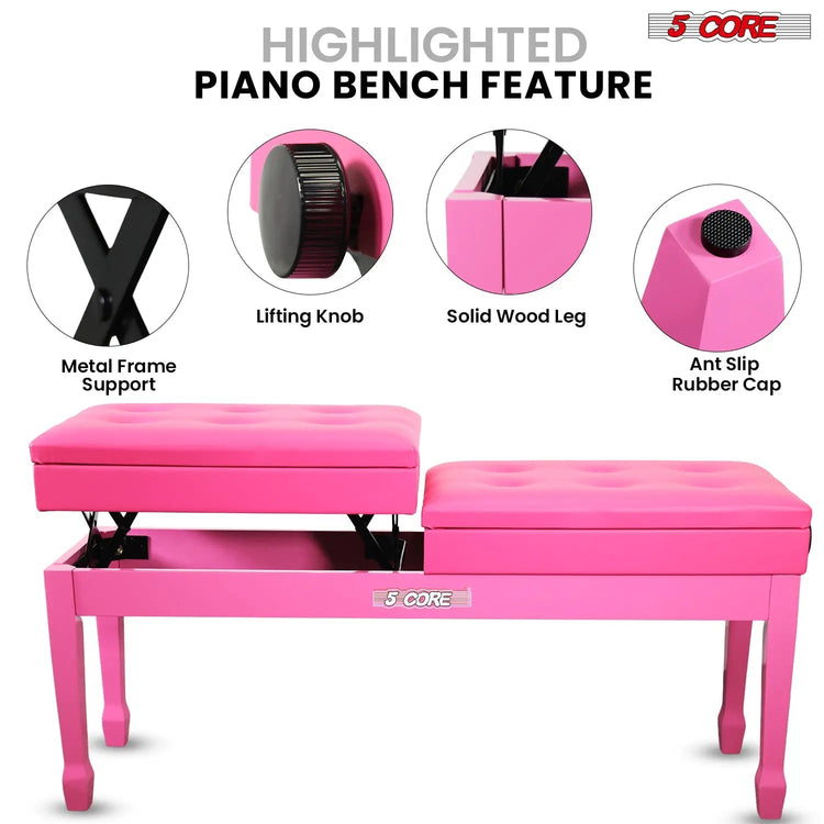 5 Core Duet Piano Bench 3.5 Inch Padded Cushioned Stool Wooden Heavy Duty Musician Chair w Storage - HONORABLE VETERANS SOLUTIONS