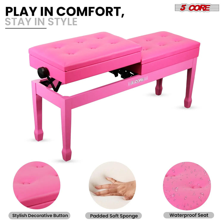 5 Core Duet Piano Bench 3.5 Inch Padded Cushioned Stool Wooden Heavy Duty Musician Chair w Storage - HONORABLE VETERANS SOLUTIONS