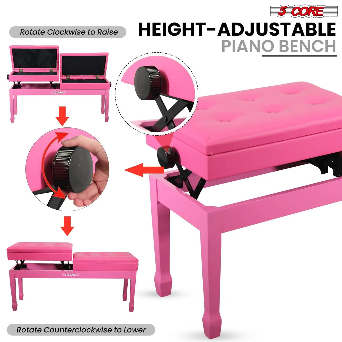 5 Core Duet Piano Bench 3.5 Inch Padded Cushioned Stool Wooden Heavy Duty Musician Chair w Storage - HONORABLE VETERANS SOLUTIONS