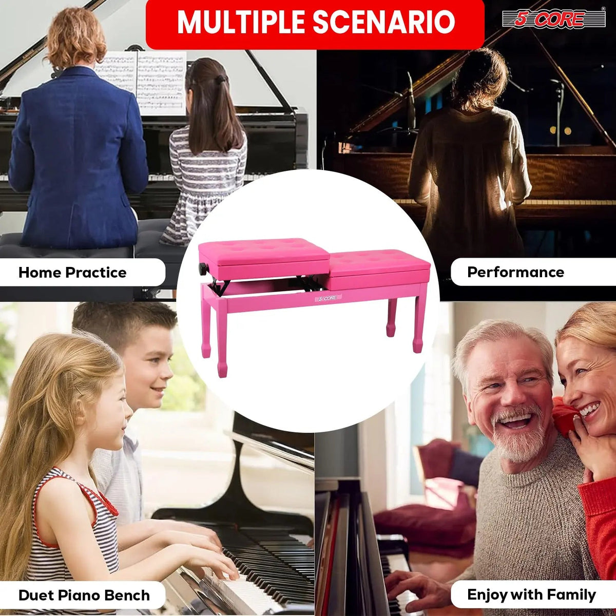 5 Core Duet Piano Bench 3.5 Inch Padded Cushioned Stool Wooden Heavy Duty Musician Chair w Storage - HONORABLE VETERANS SOLUTIONS